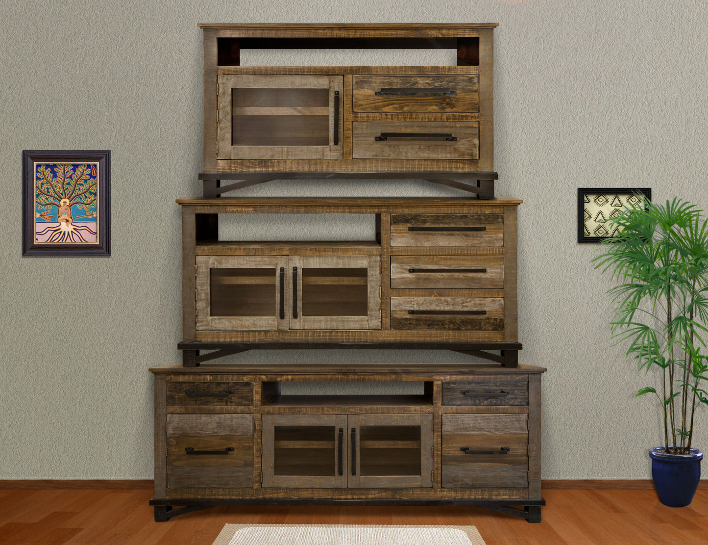 76" Brown Solid Wood Cabinet Enclosed Storage Distressed TV Stand-4