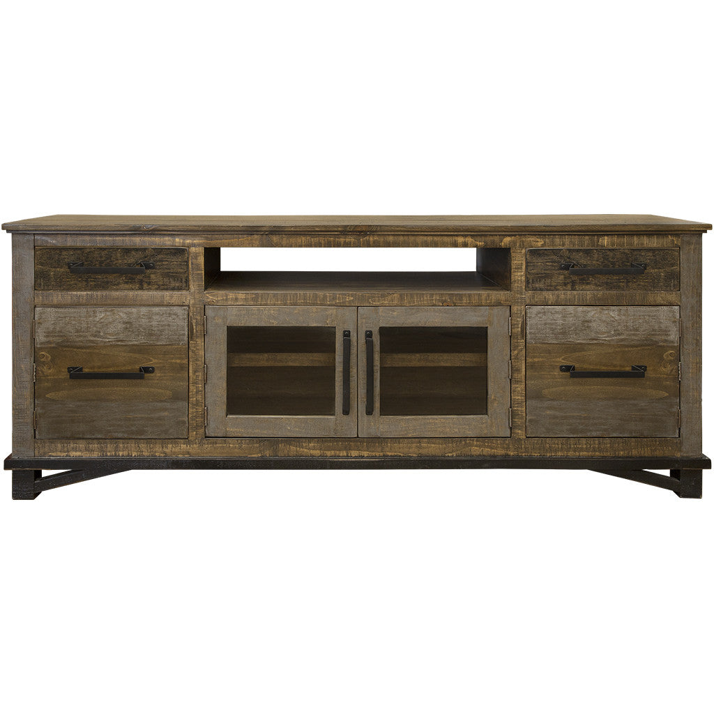 76" Brown Solid Wood Cabinet Enclosed Storage Distressed TV Stand-2