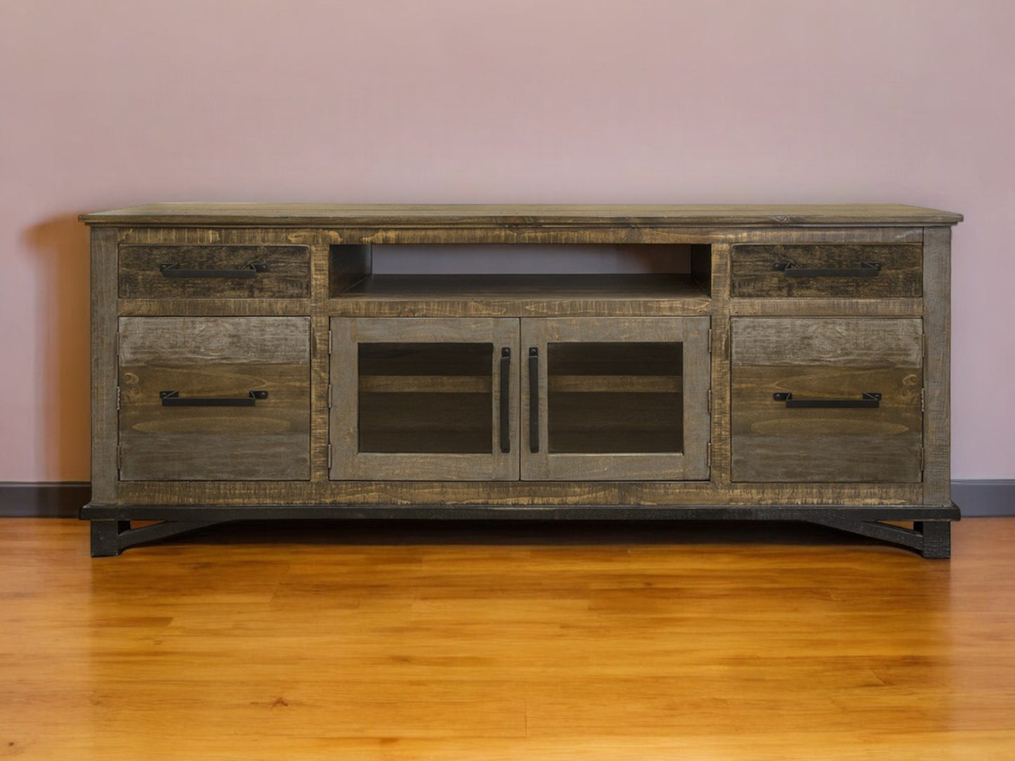 76" Brown Solid Wood Cabinet Enclosed Storage Distressed TV Stand-0