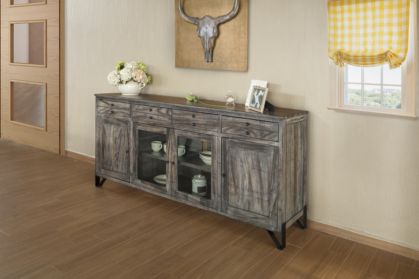 80" Gray Mango Solid Wood Enclosed Storage Distressed TV Stand-5