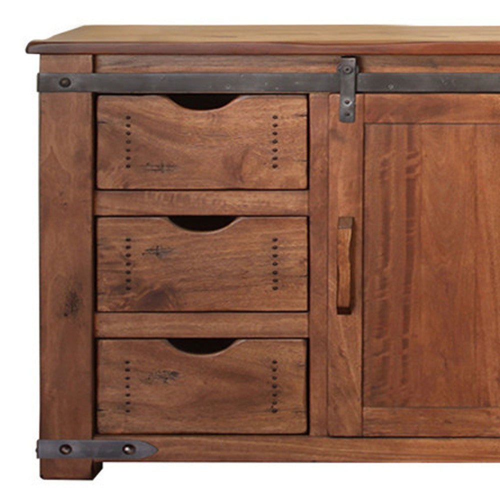 70" Brown Solid Wood Enclosed Storage Distressed TV Stand-3