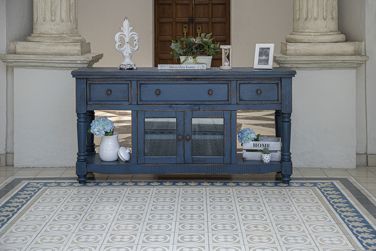 70" Blue Mango Solid Wood Open shelving Distressed TV Stand-3