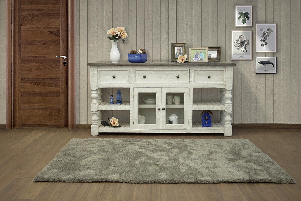 70" Ivory Solid Wood Open shelving Distressed TV Stand-4