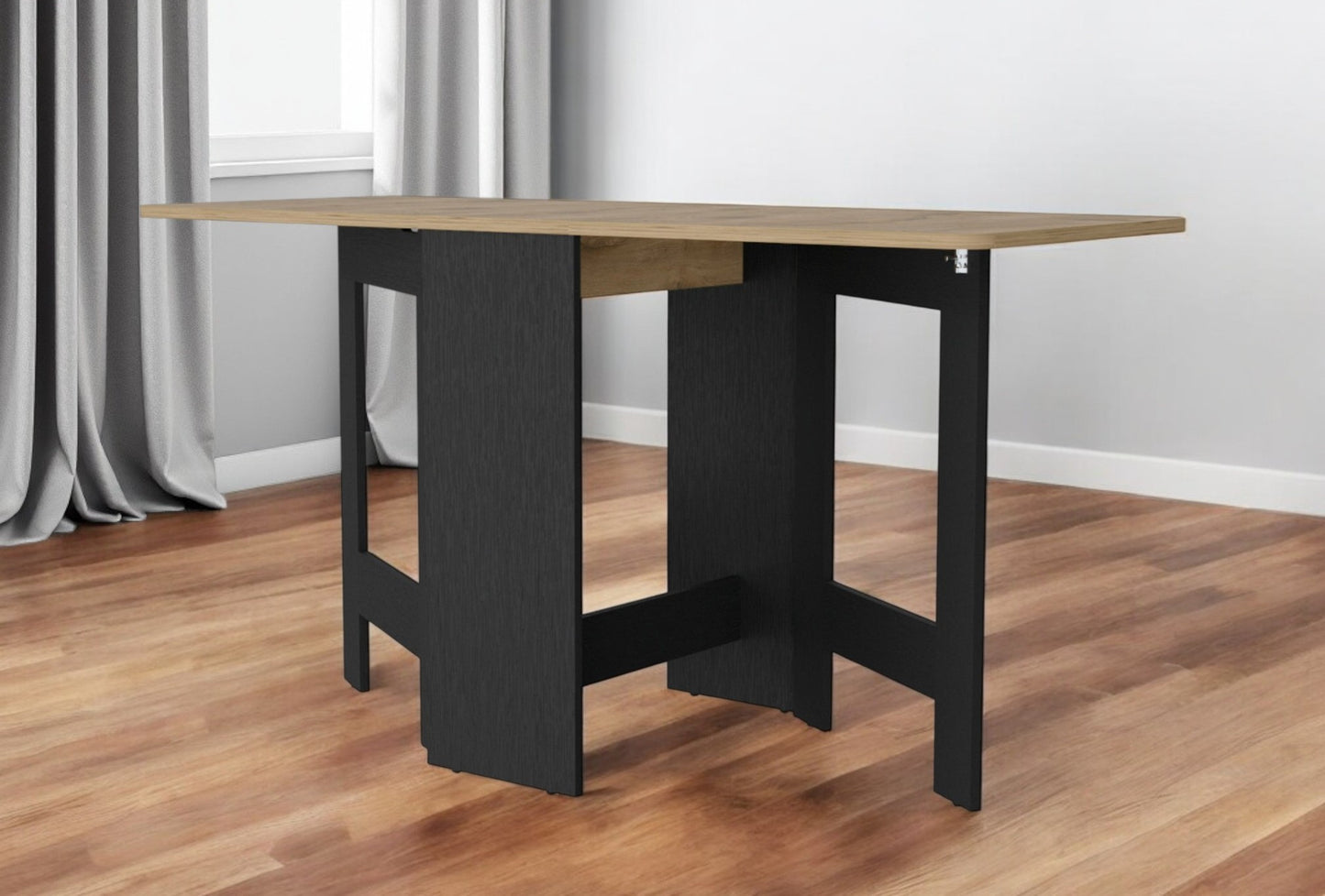 24" Wood Brown And Black Drop Leaf Trestle Base Dining Table-1