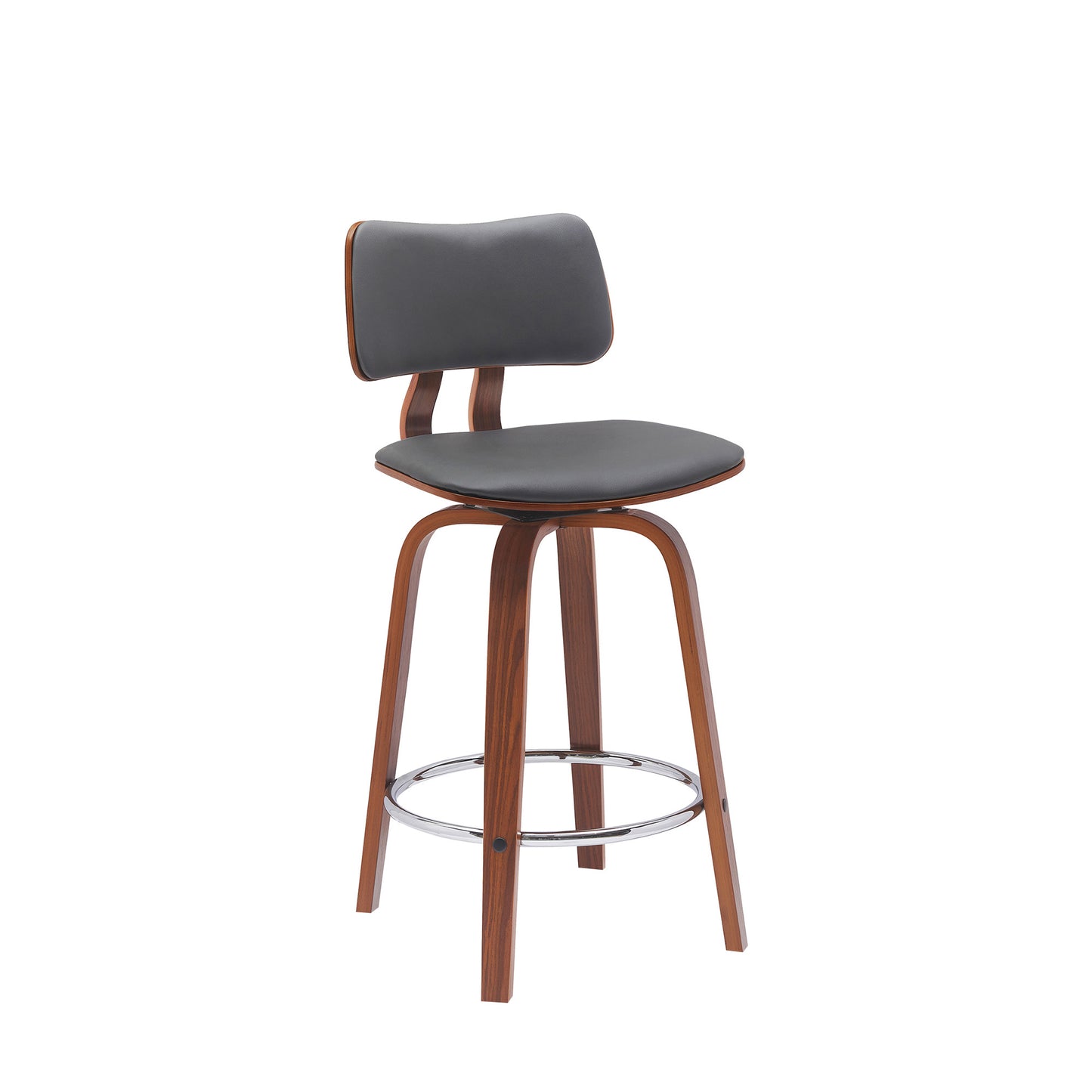 26" Gray And Wood Brown Faux Leather Swivel Low Back Counter Height Bar Chair-2