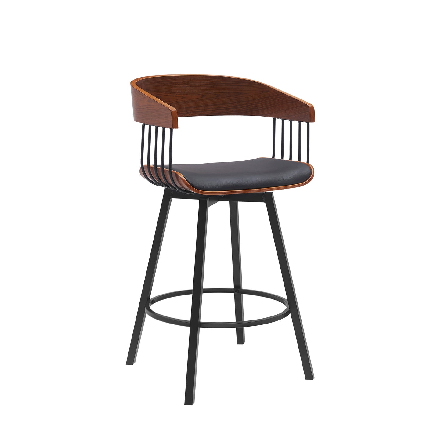 27" Black Faux Leather And Metal Swivel Low Back Counter Height Bar Chair-2