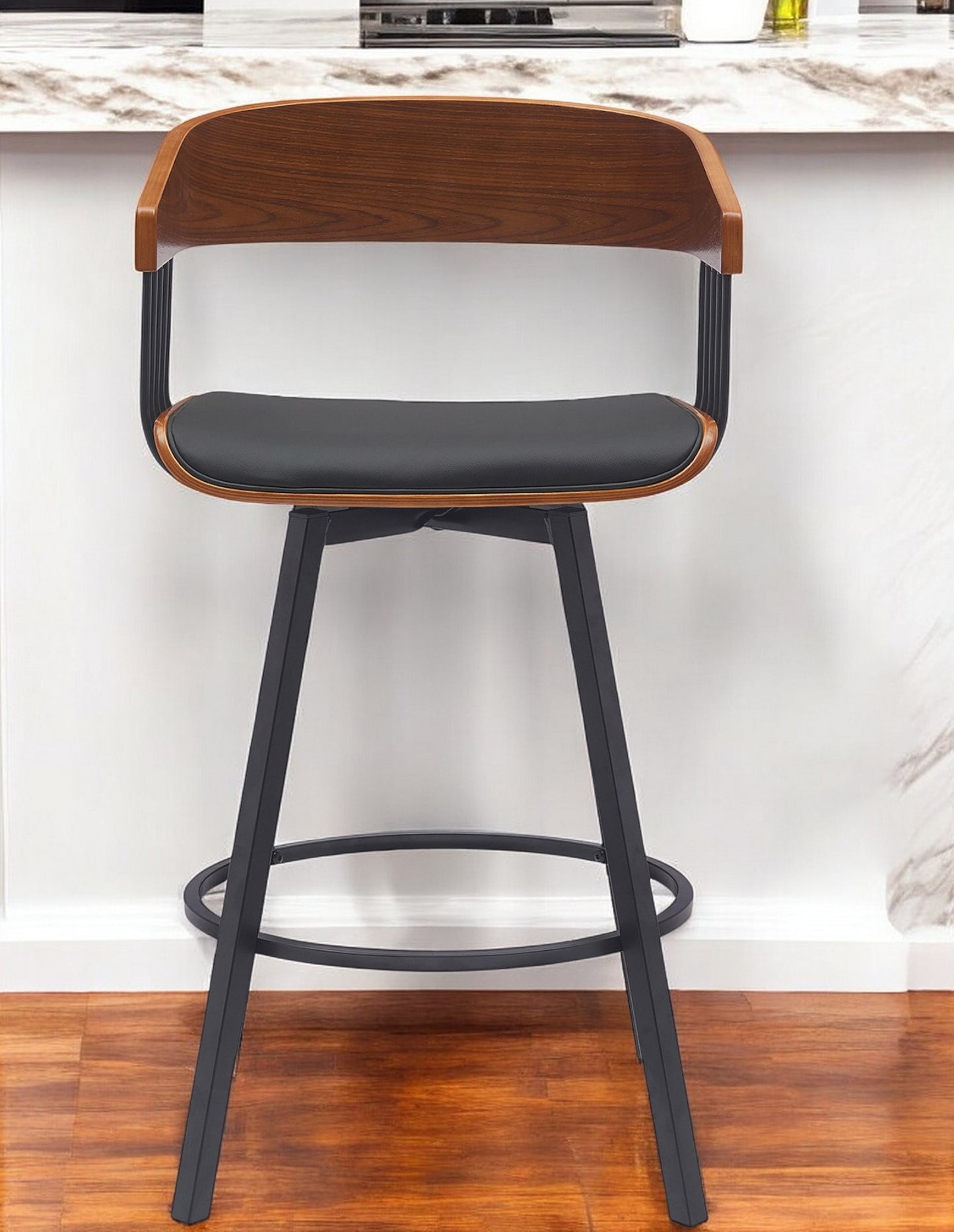 27" Black Faux Leather And Metal Swivel Low Back Counter Height Bar Chair-0