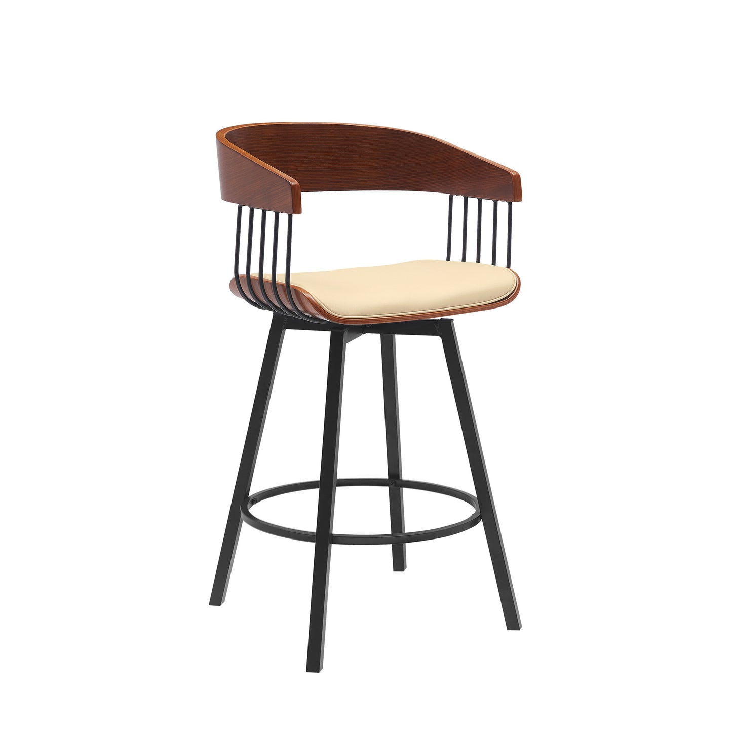 27" Cream and Black Faux Leather with Metal Swivel Counter Height Bar Chair-2