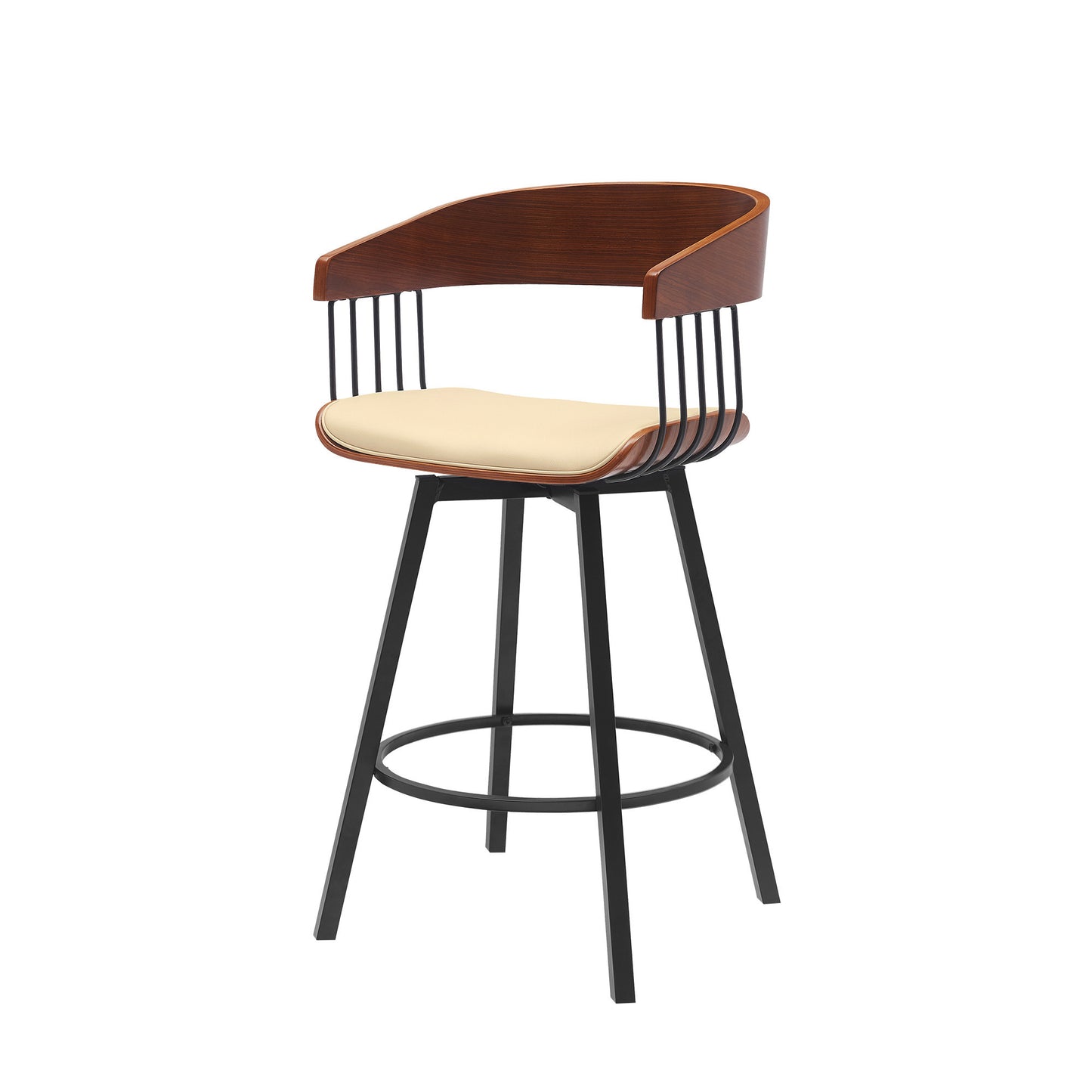 27" Cream and Black Faux Leather with Metal Swivel Counter Height Bar Chair-4
