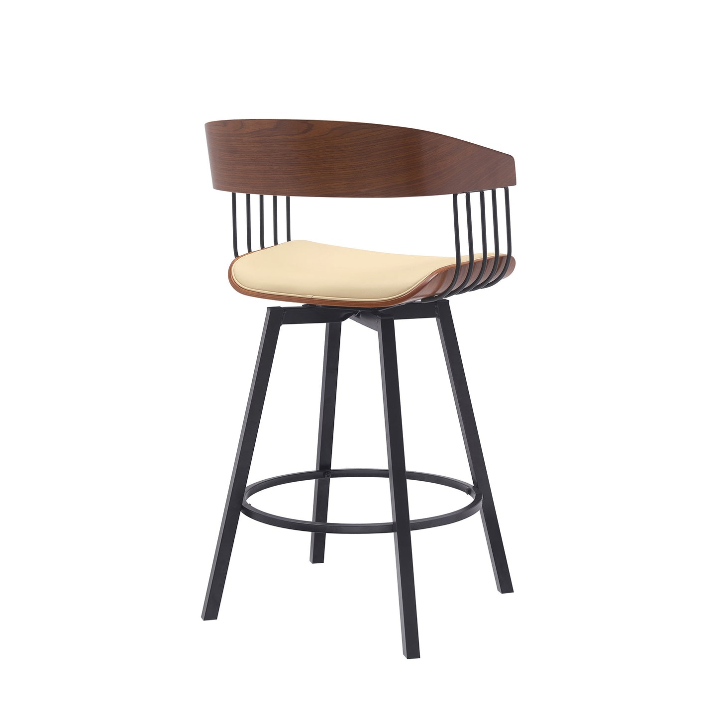 27" Cream and Black Faux Leather with Metal Swivel Counter Height Bar Chair-3