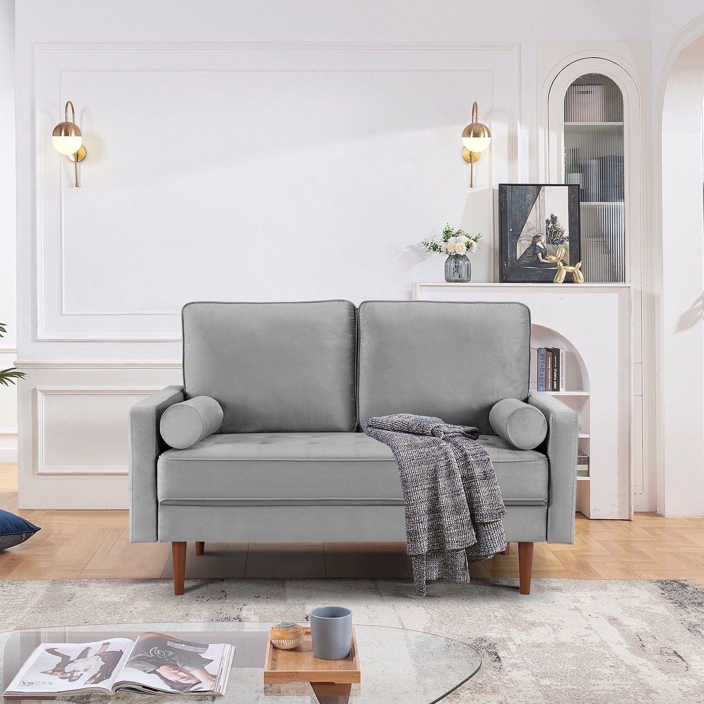 57" Gray And Dark Brown Velvet Loveseat and Toss Pillows-4