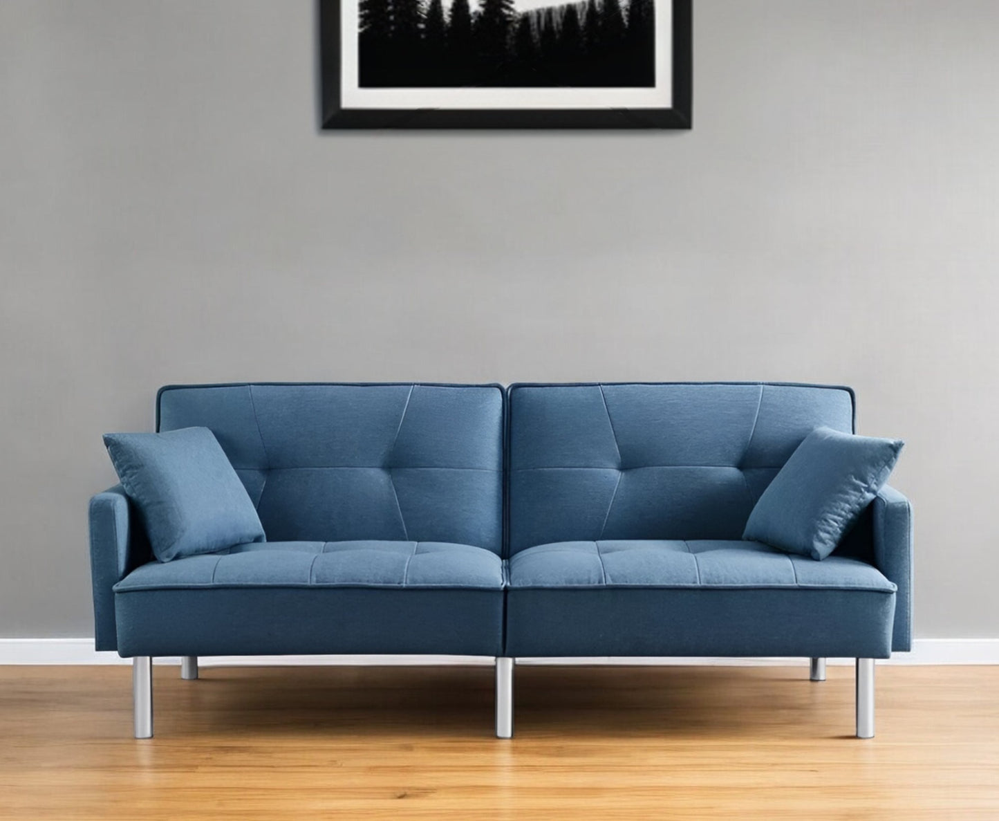 85" Blue Polyester Blend Convertible Futon Sleeper Sofa And Toss Pillows With Silver Legs-0