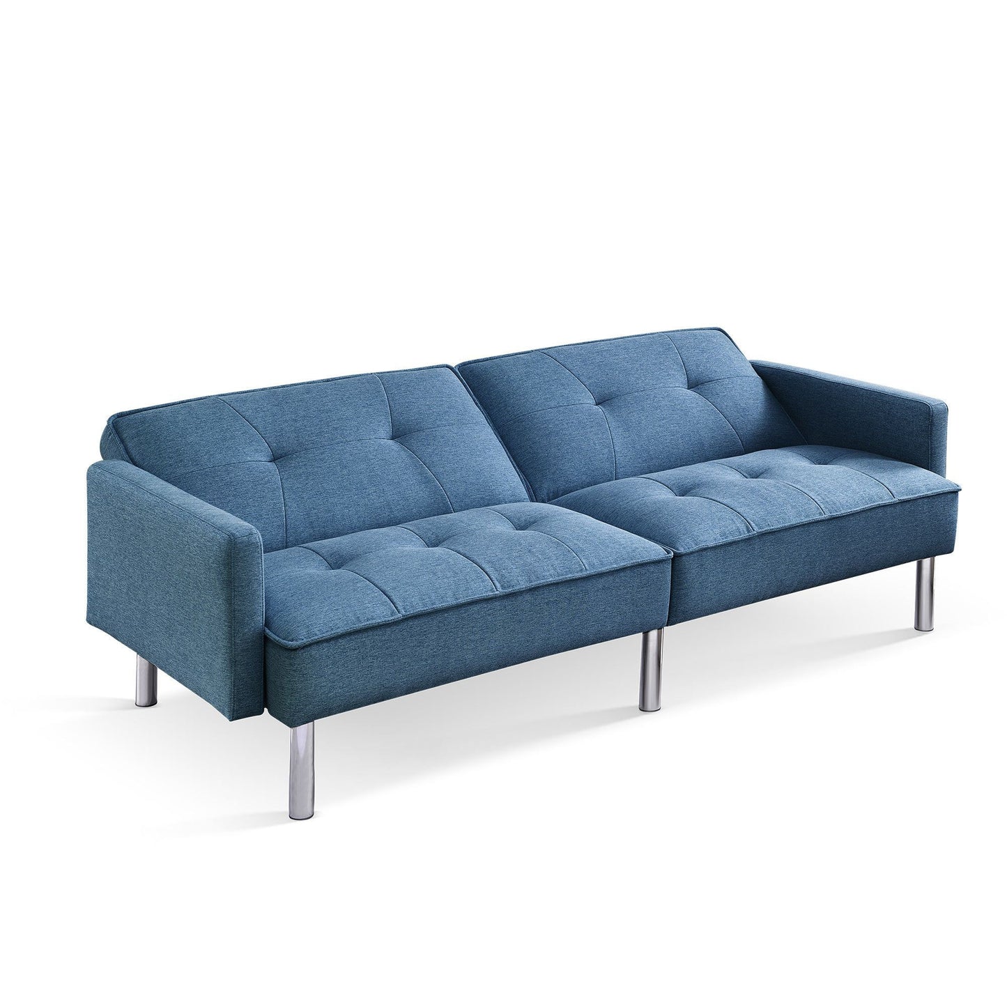 85" Blue Polyester Blend Convertible Futon Sleeper Sofa And Toss Pillows With Silver Legs-2