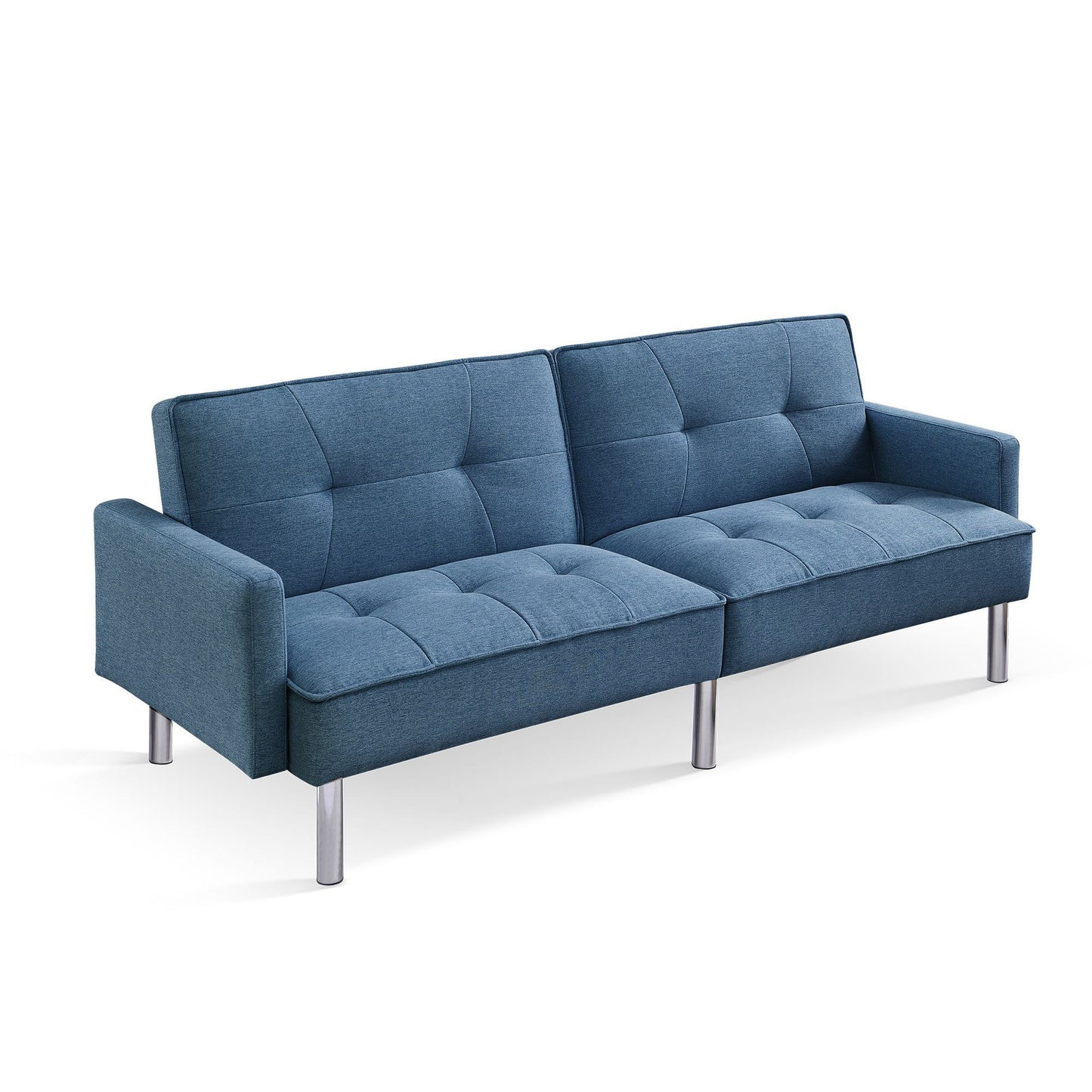 85" Blue Polyester Blend Convertible Futon Sleeper Sofa And Toss Pillows With Silver Legs-3