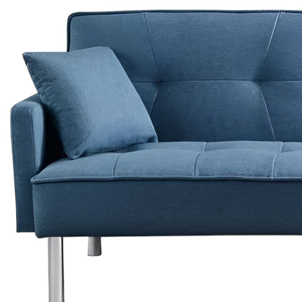 85" Blue Polyester Blend Convertible Futon Sleeper Sofa And Toss Pillows With Silver Legs-4