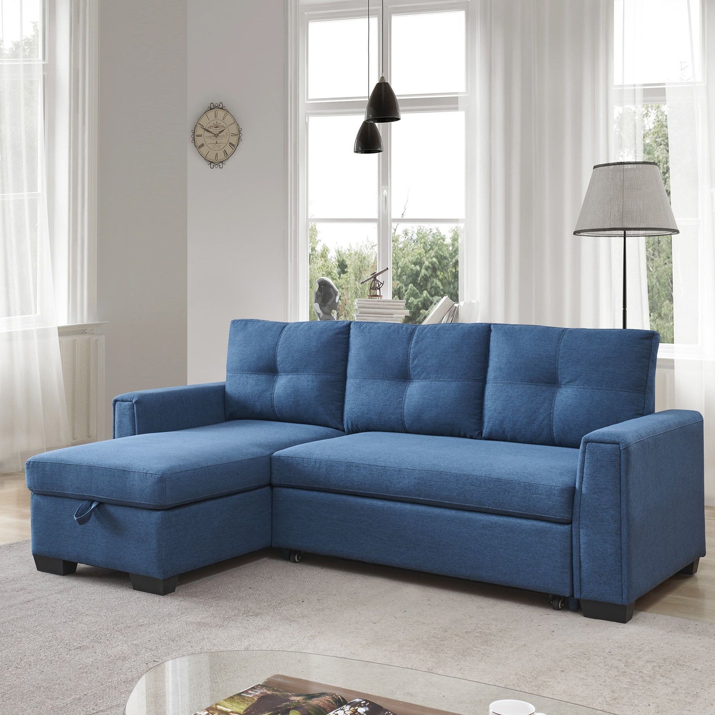 92" Blue Polyester Blend Convertible Futon Sleeper Sofa With Black Legs-6