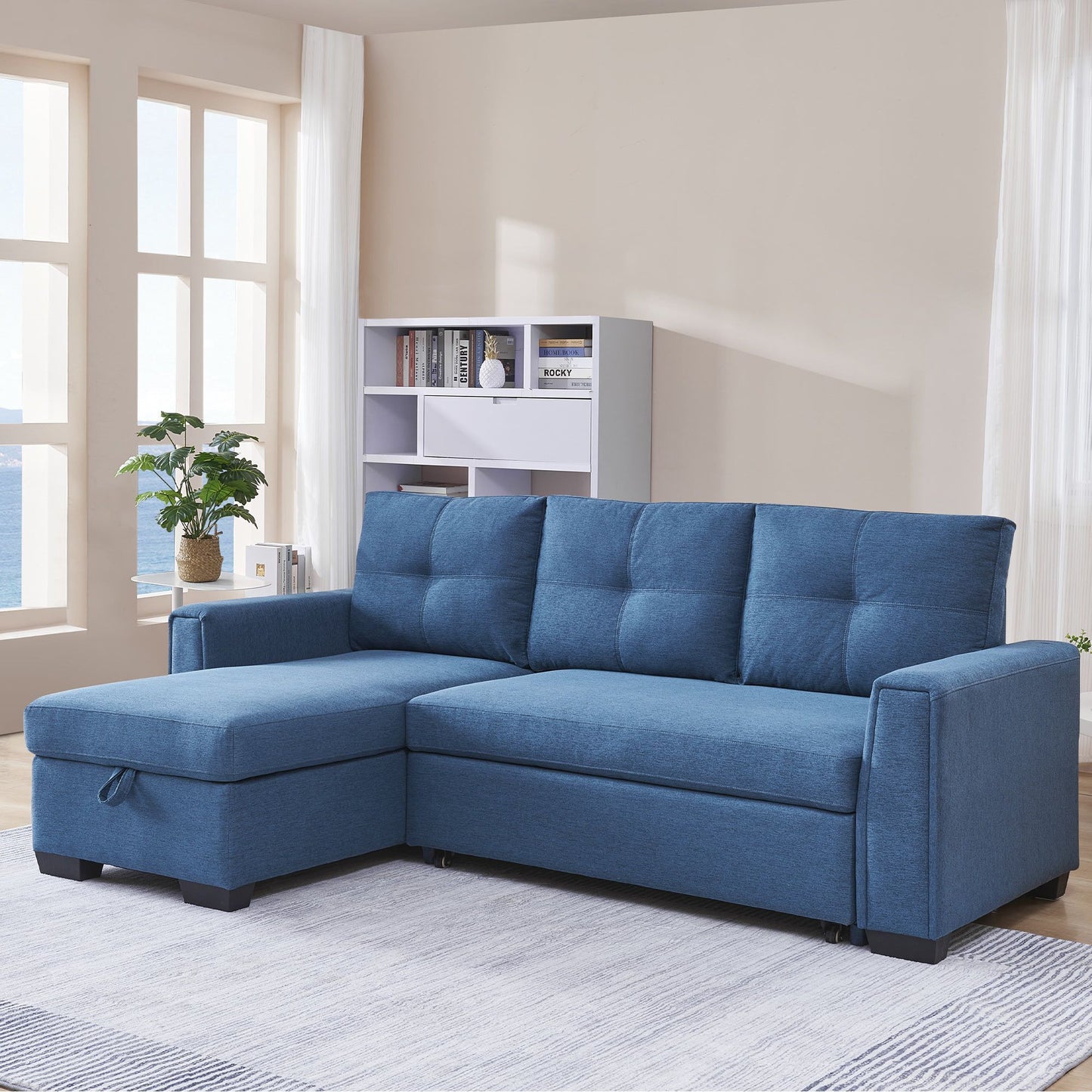 92" Blue Polyester Blend Convertible Futon Sleeper Sofa With Black Legs-7