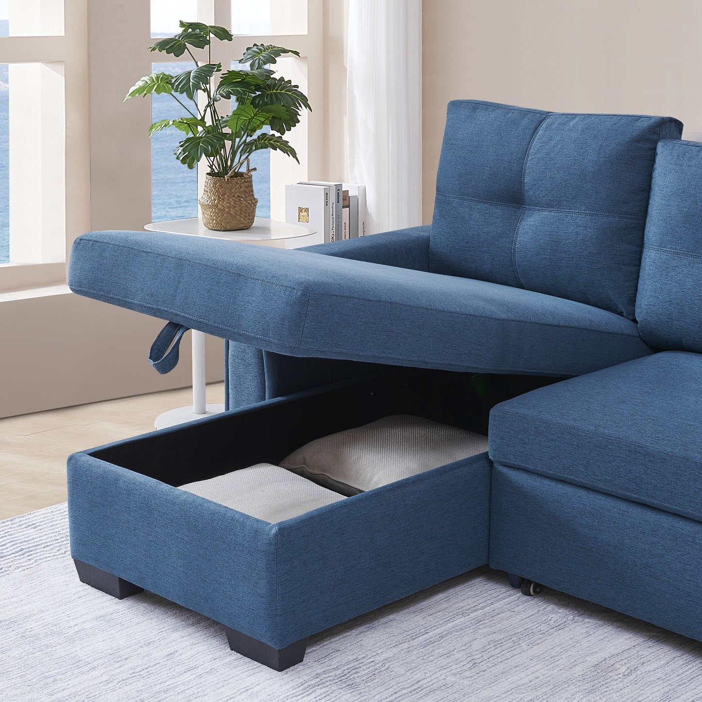 92" Blue Polyester Blend Convertible Futon Sleeper Sofa With Black Legs-5