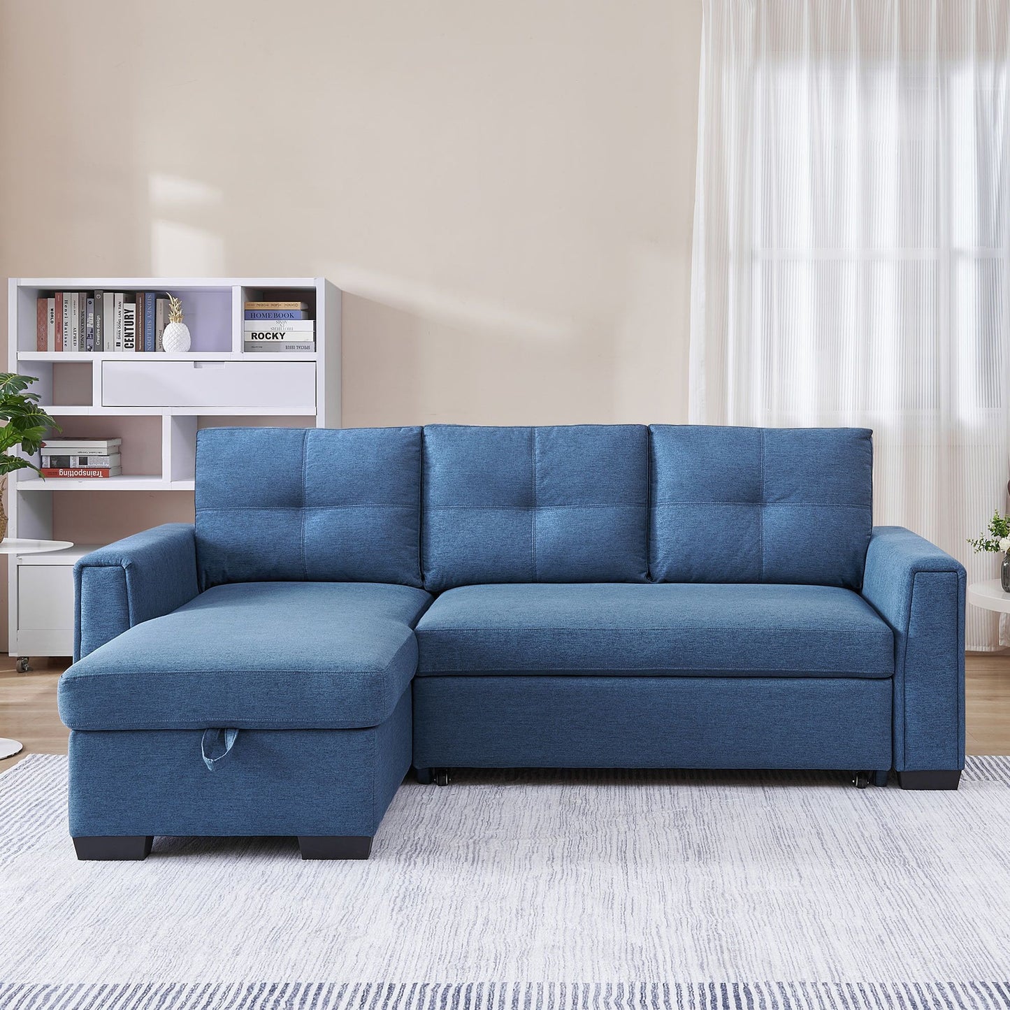 92" Blue Polyester Blend Convertible Futon Sleeper Sofa With Black Legs-8