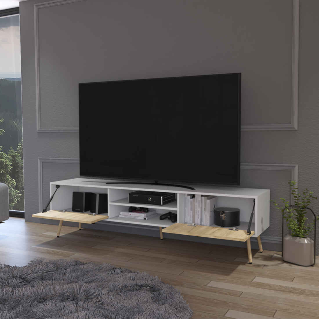 71" White And Beige Enclosed And Open Storage TV Stand-6