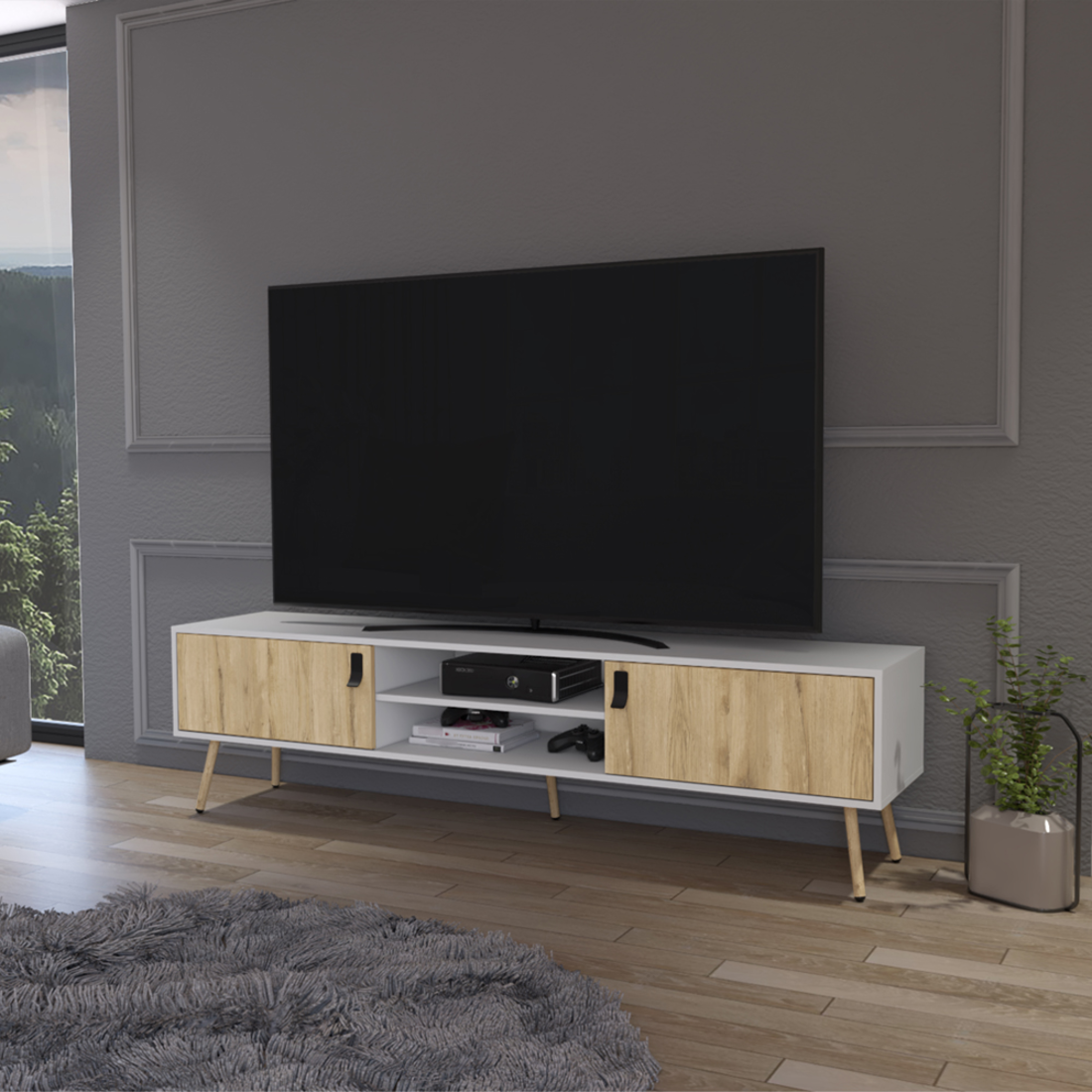 71" White And Beige Enclosed And Open Storage TV Stand-5