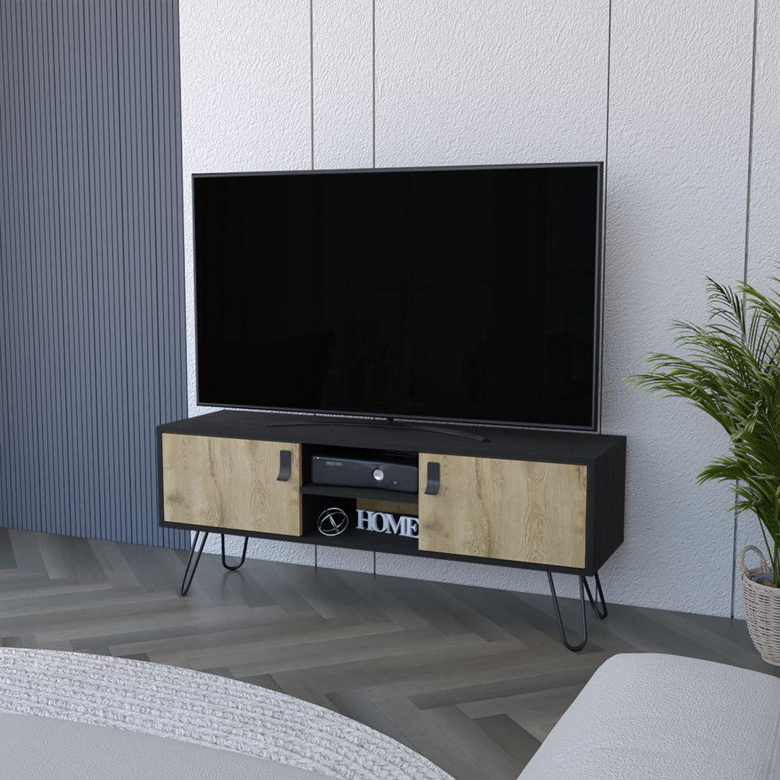 48" Beige and Black Cabinet Open And Enclosed Storage TV Stand-5