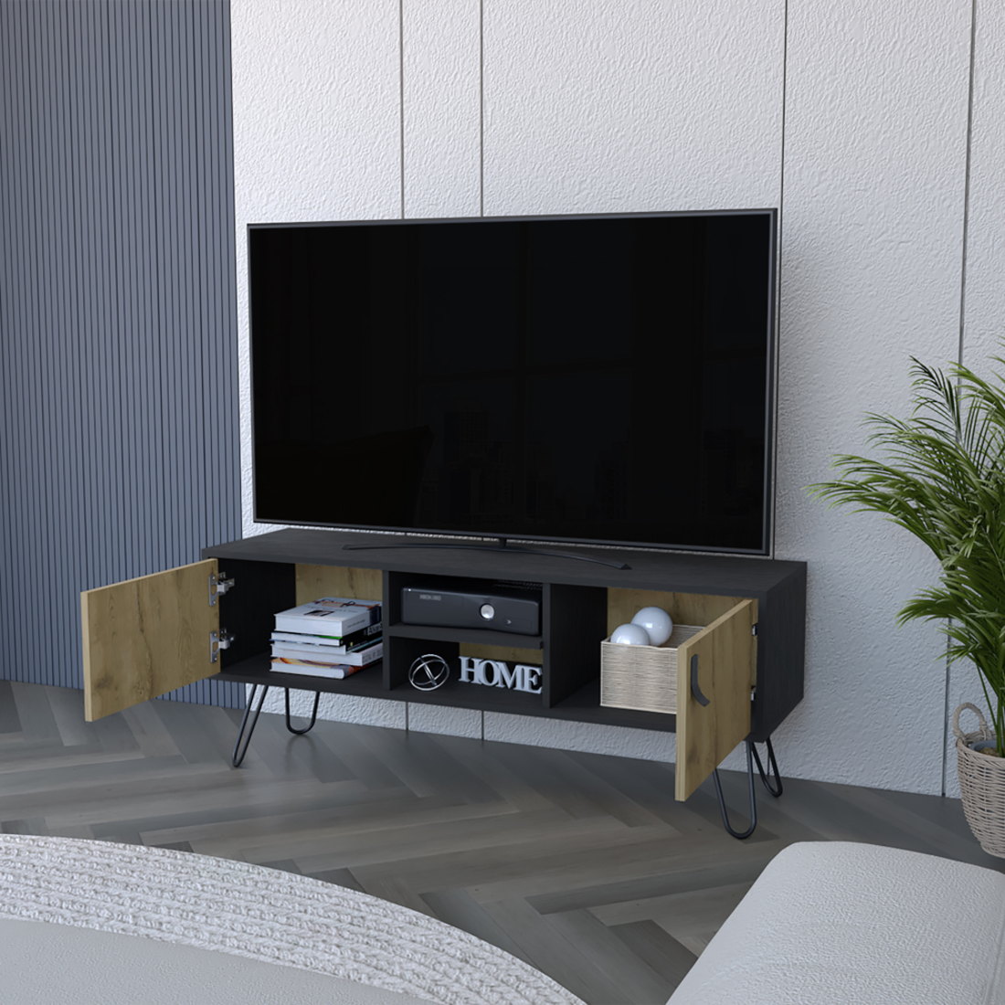 48" Beige and Black Cabinet Open And Enclosed Storage TV Stand-6