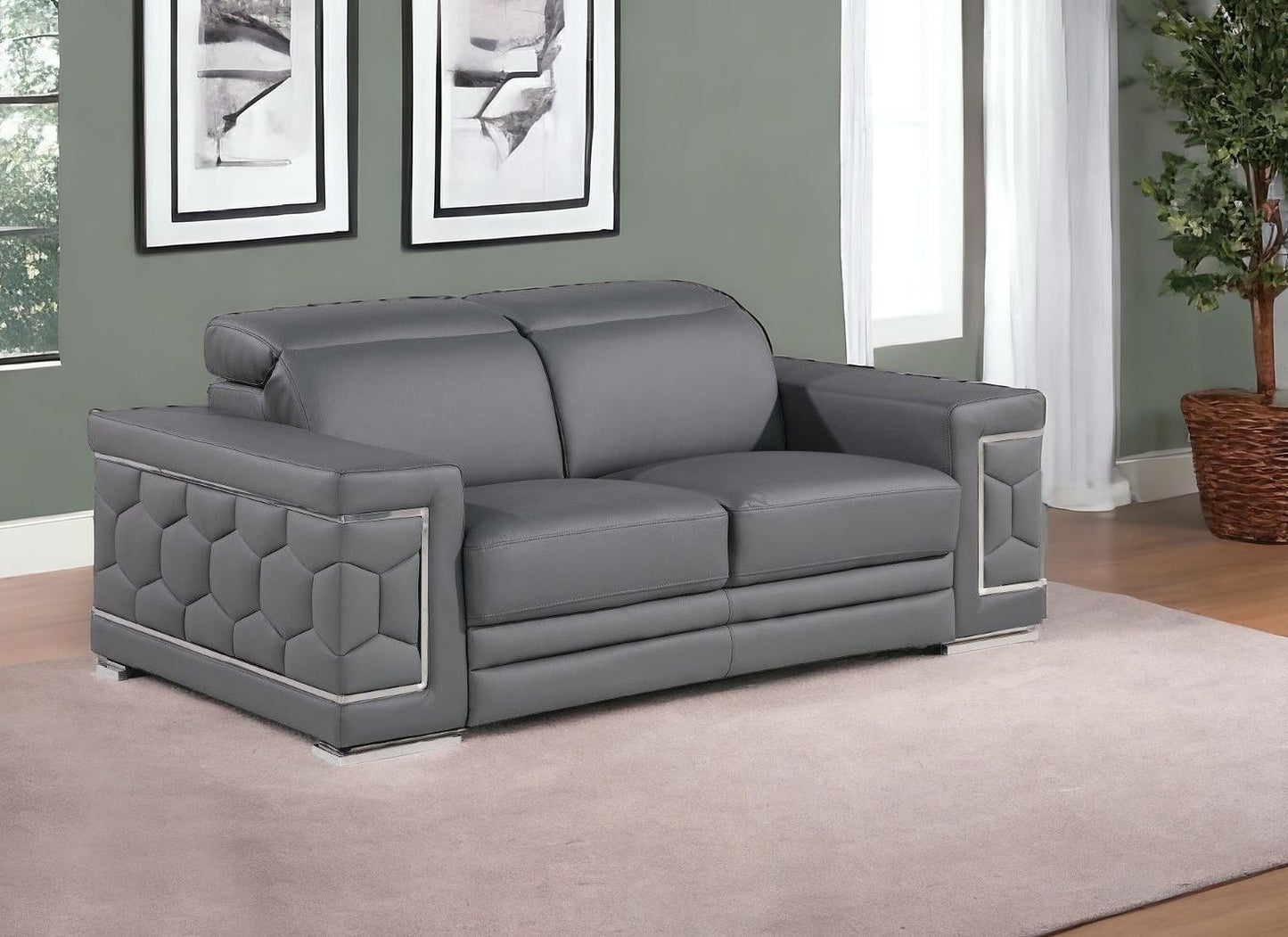 71" Gray And Silver Genuine Leather Loveseat-2