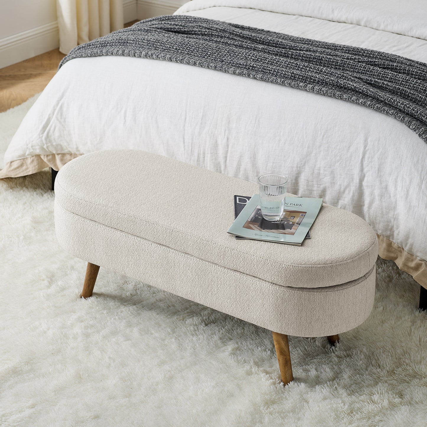 44" Beige and Brown Linen Upholstered Storage Bench with Flip Top-5