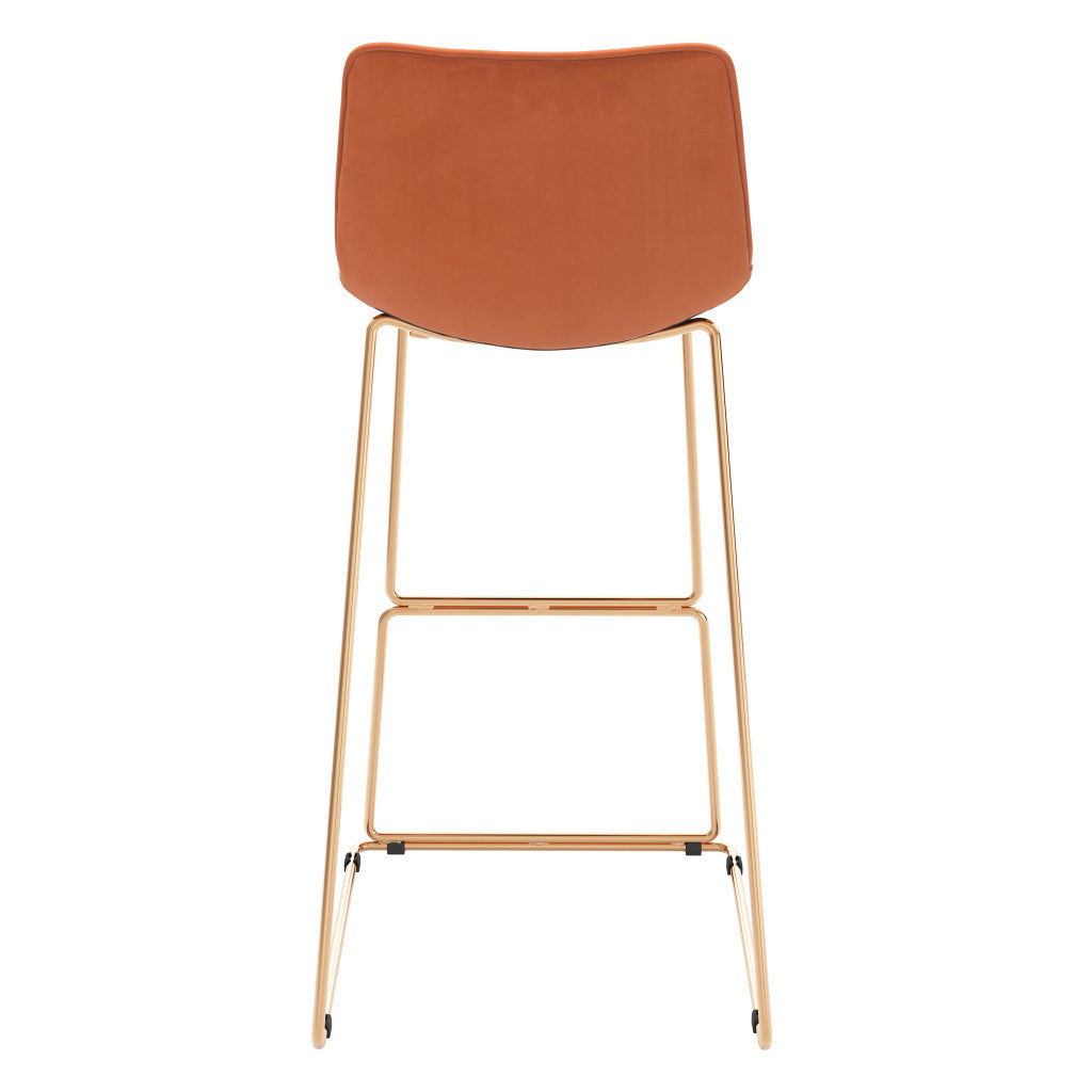 Set of Two 30" Orange And Gold Velvet And Steel Bar Height Bar Chairs-4