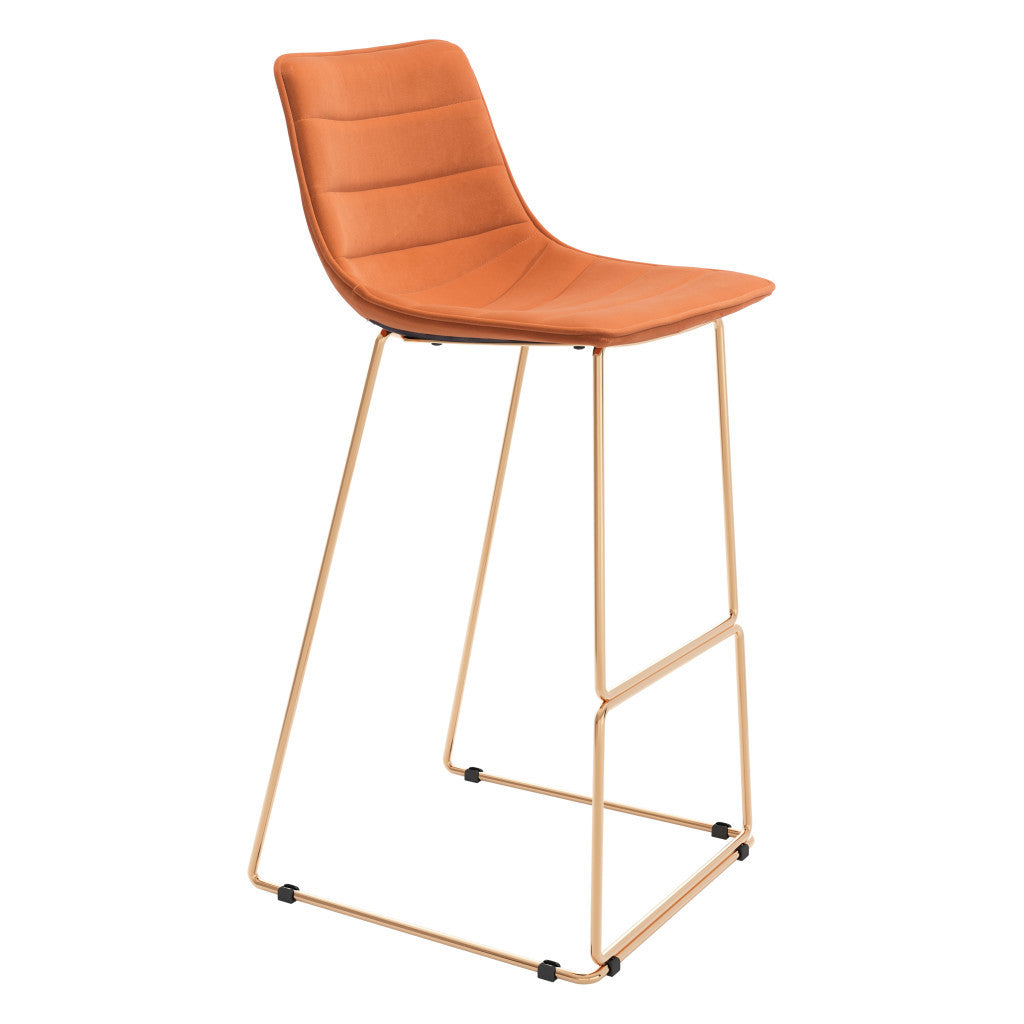 Set of Two 30" Orange And Gold Velvet And Steel Bar Height Bar Chairs-2