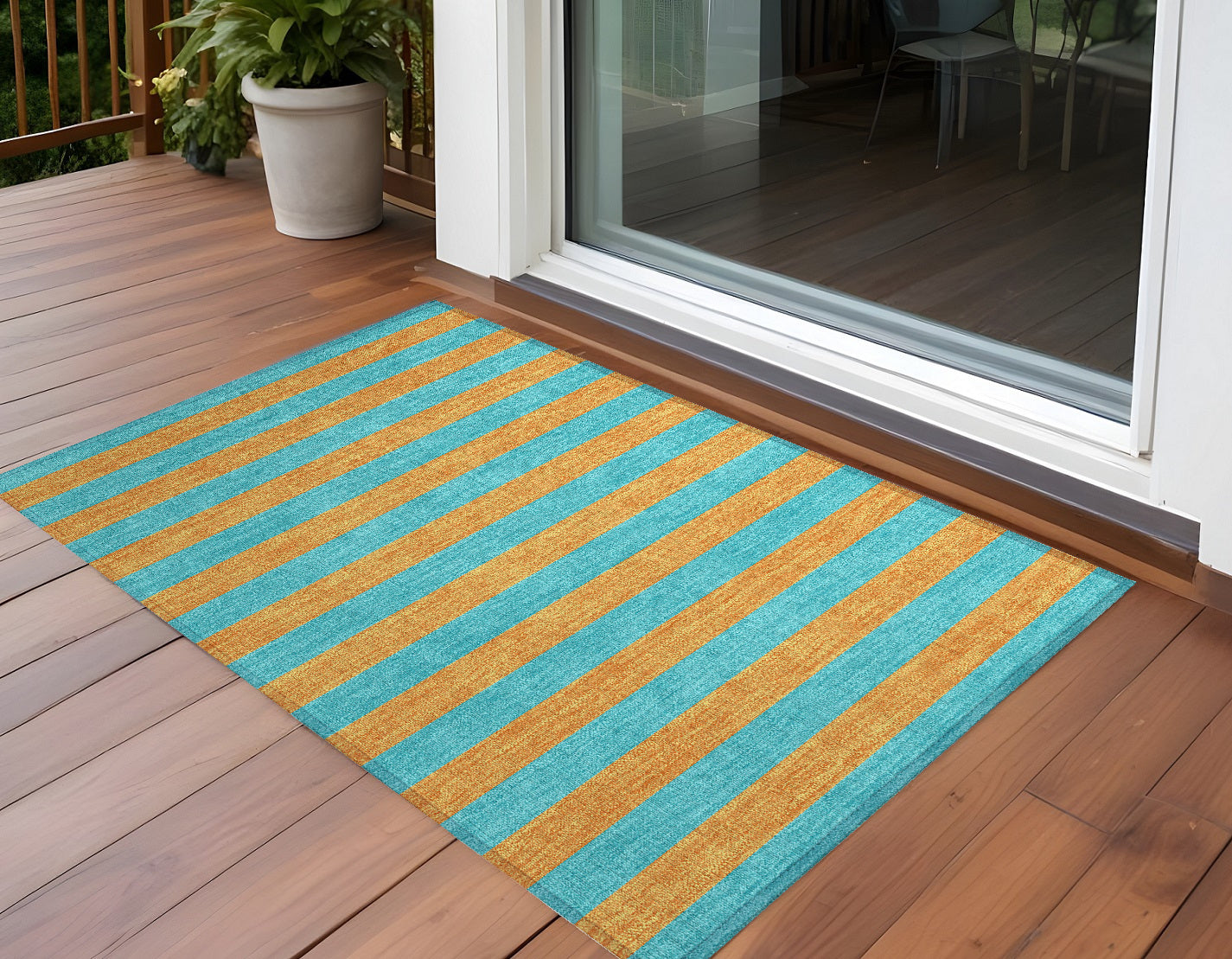 2' X 3' Aqua Striped Washable Non Skid Indoor Outdoor Area Rug-0