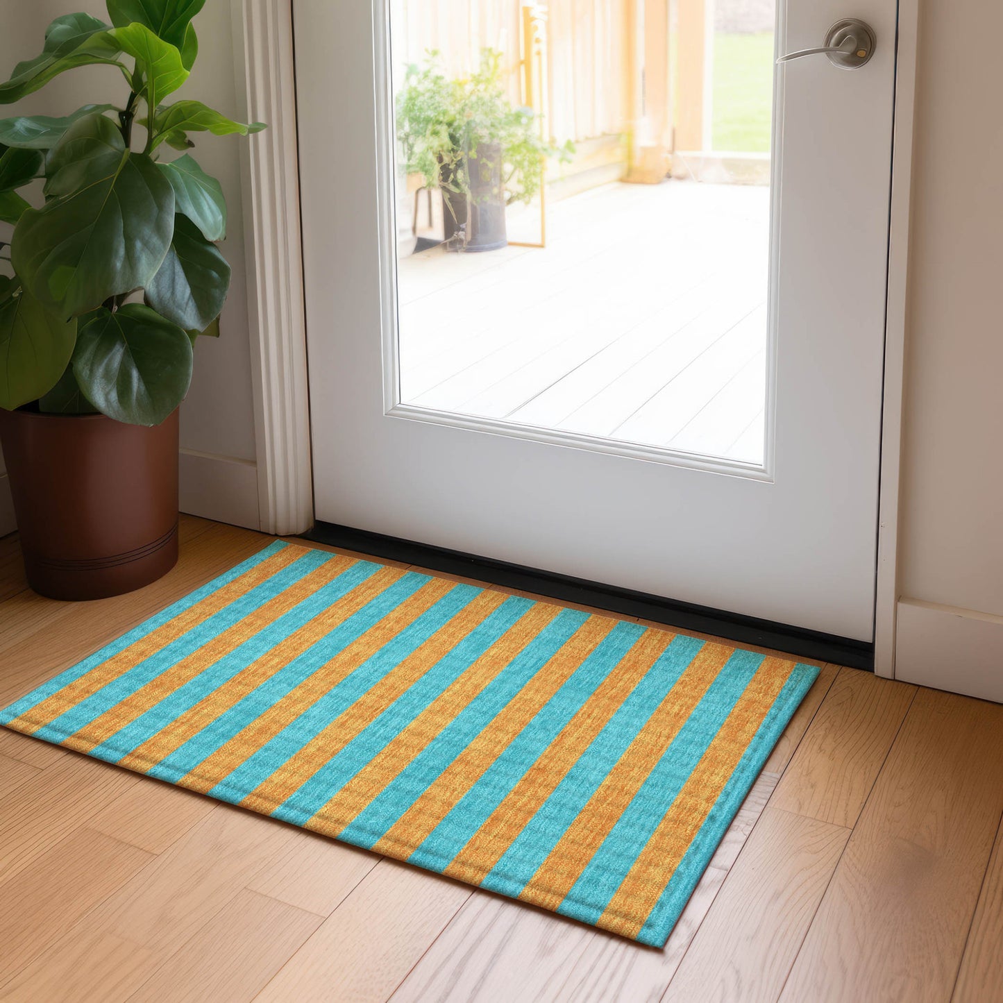 2' X 3' Aqua Striped Washable Non Skid Indoor Outdoor Area Rug-8