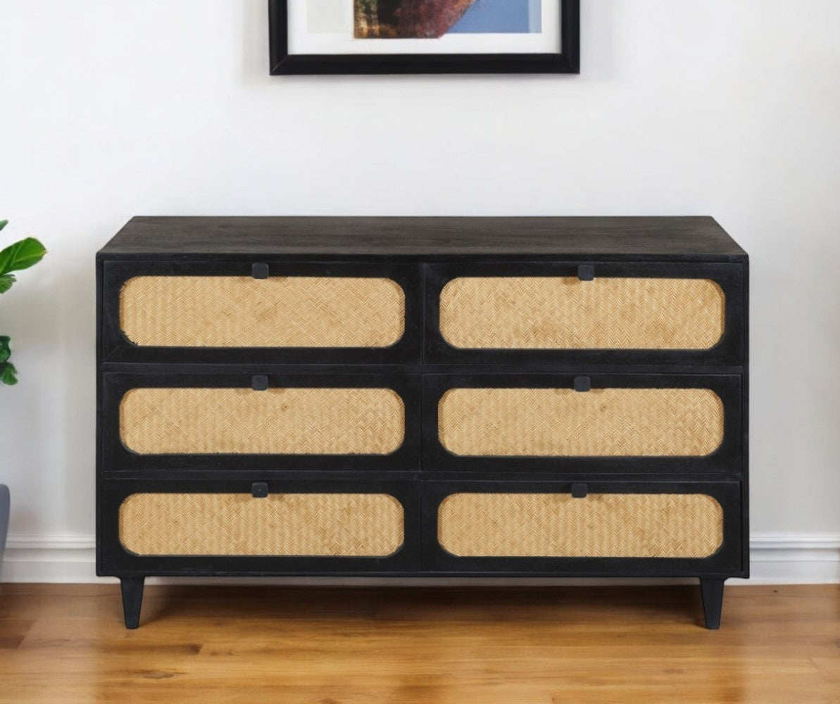 56" Black And Natural Solid Wood And Rattan Six Drawer Double Dresser-0