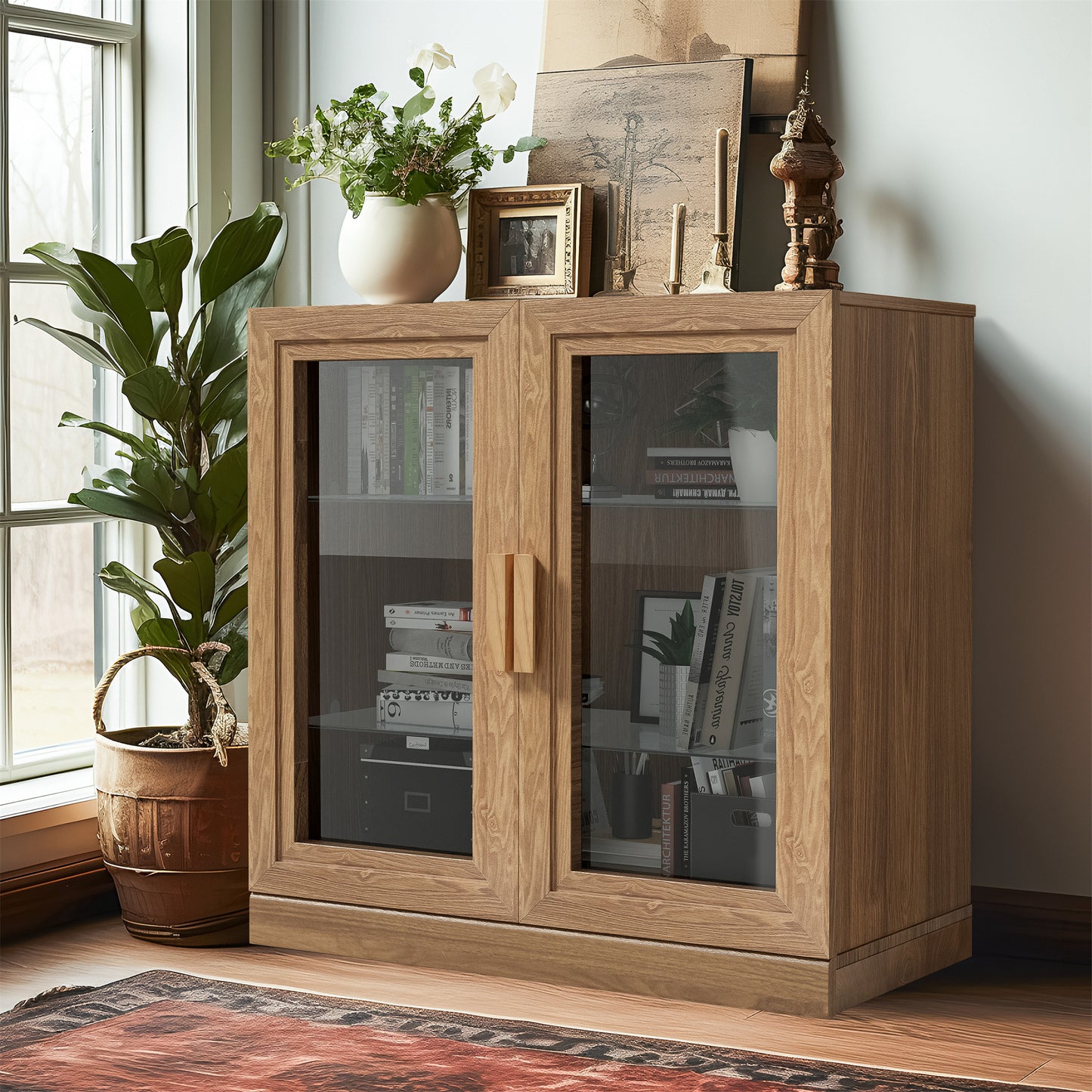 31" Natural And Clear Glass Door Accent Cabinet With Three Shelves-5