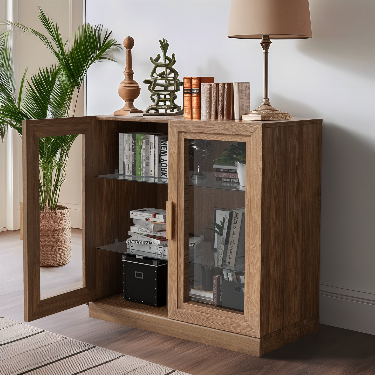 31" Natural And Clear Glass Door Accent Cabinet With Three Shelves-6