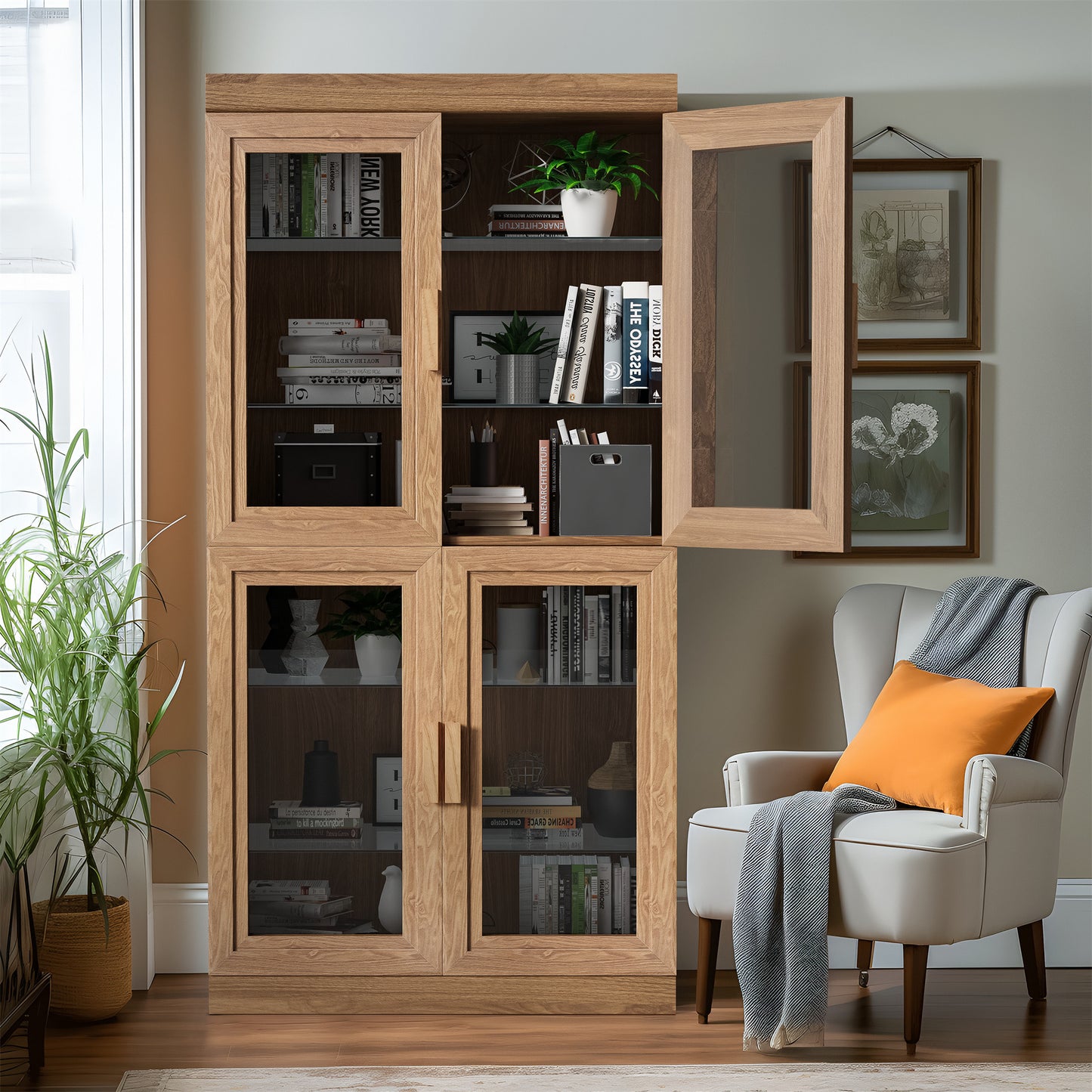 31" Natural And Clear Glass Door Accent Cabinet With Three Shelves-7
