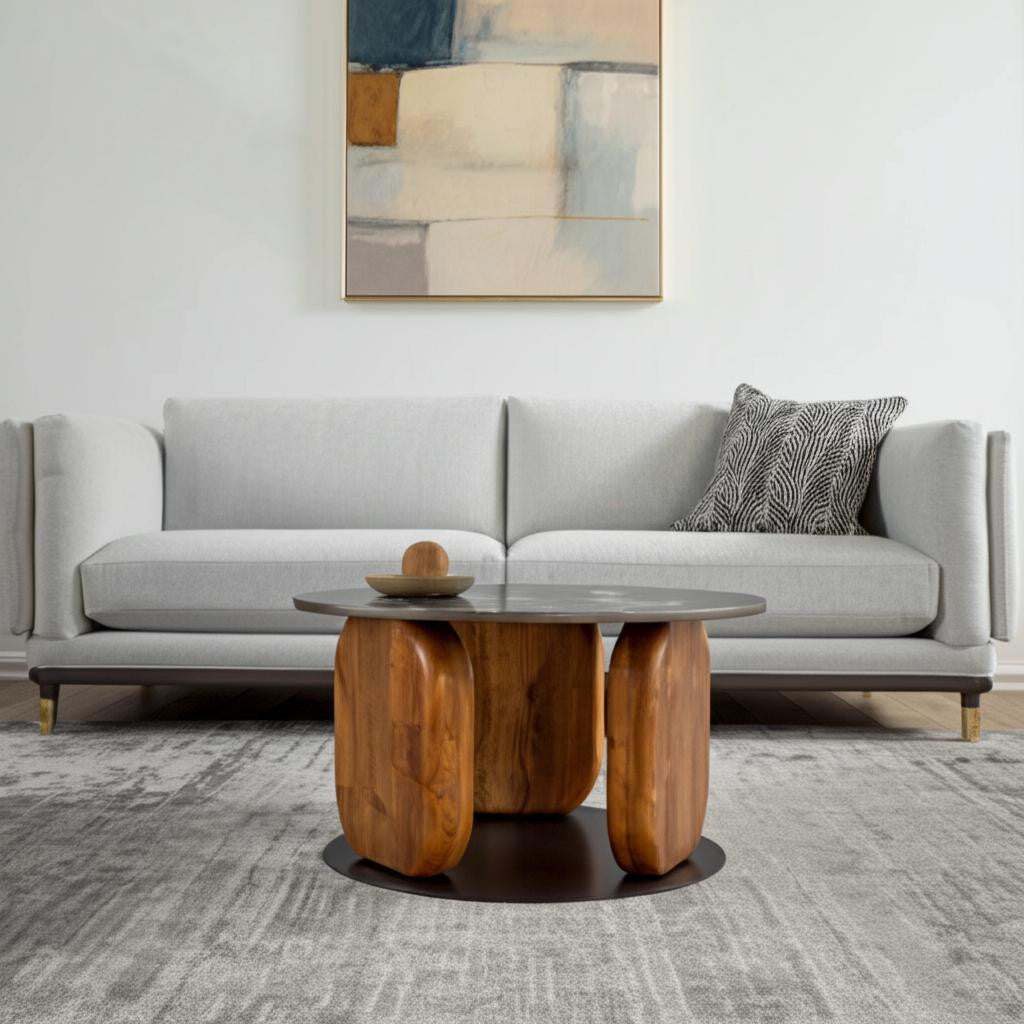 30" Black and Brown Genuine Marble Marble and Solid Wood Round Coffee Table-0