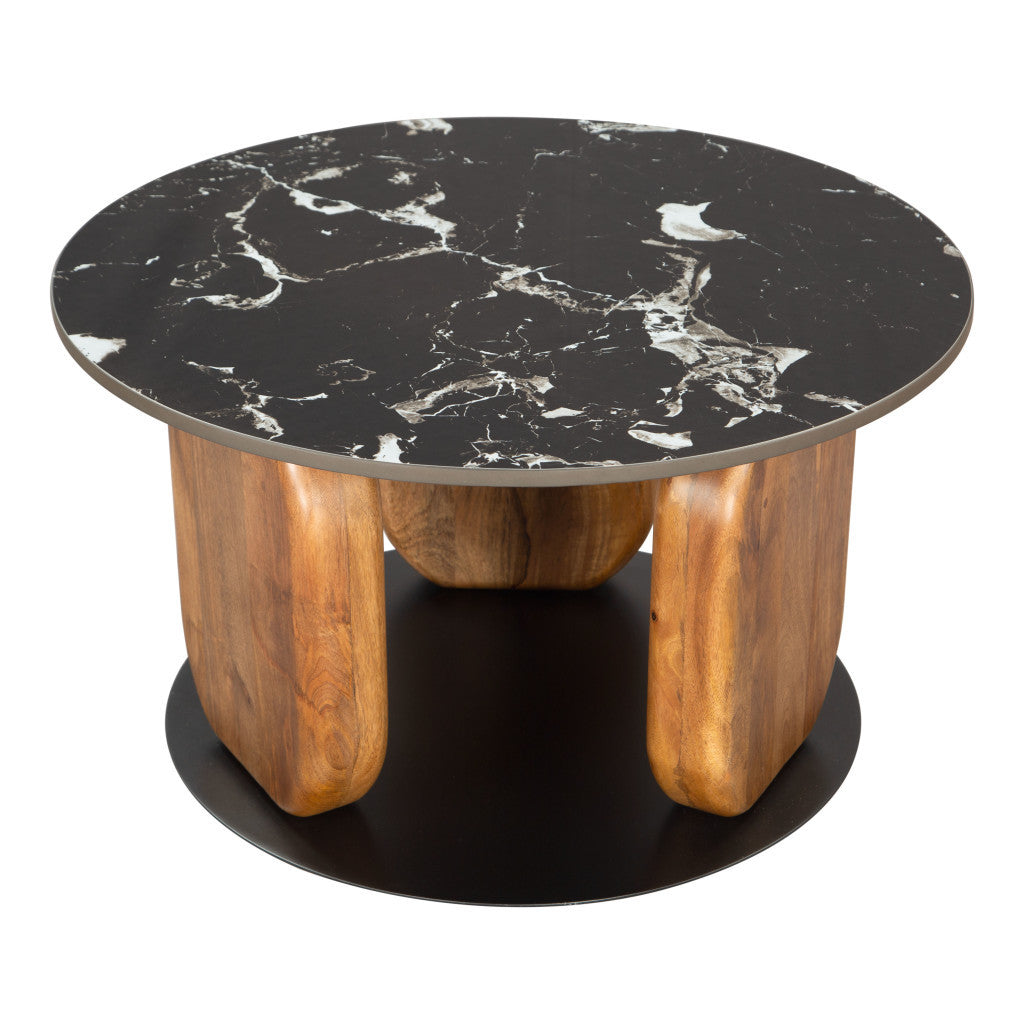 30" Black and Brown Genuine Marble Marble and Solid Wood Round Coffee Table-3