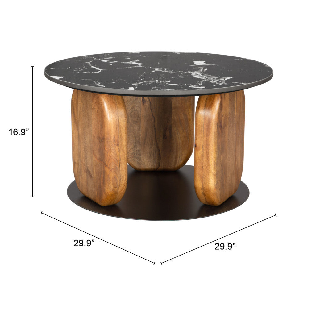 30" Black and Brown Genuine Marble Marble and Solid Wood Round Coffee Table-7