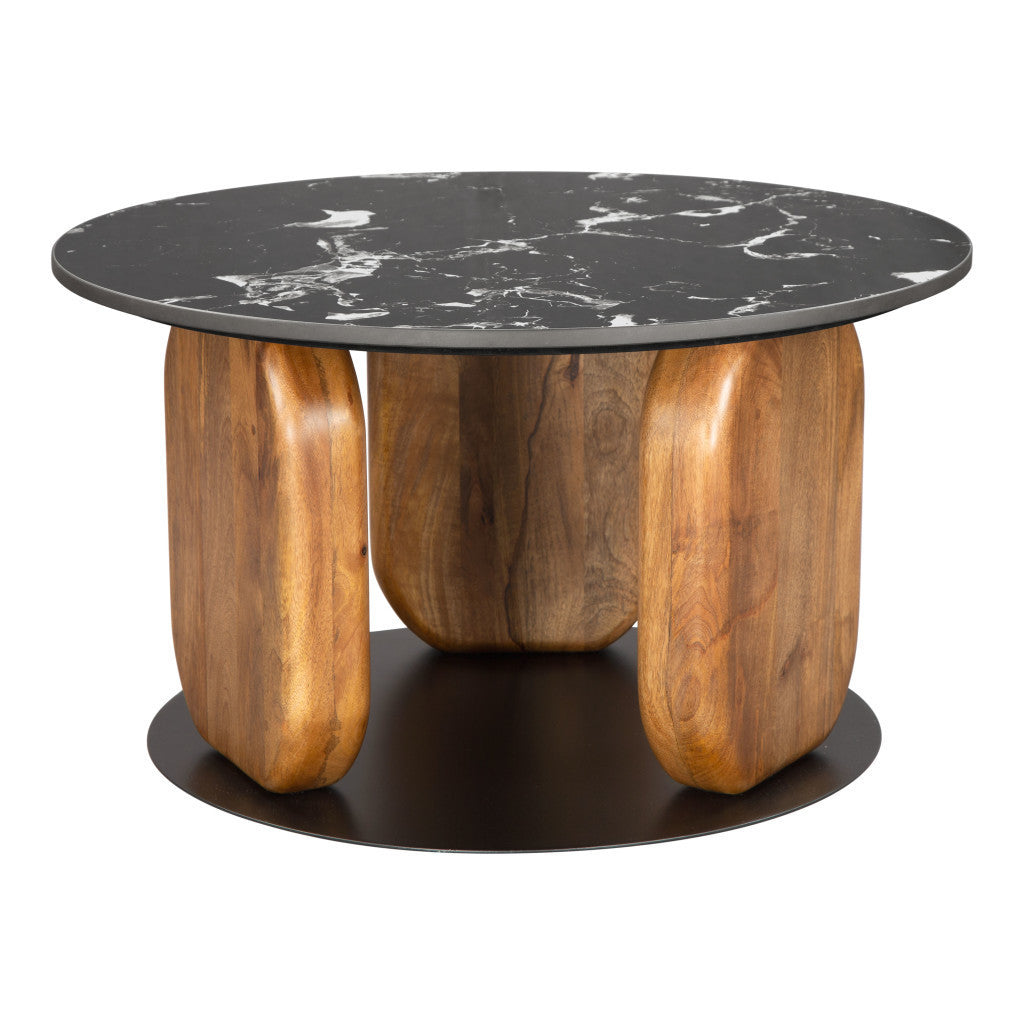 30" Black and Brown Genuine Marble Marble and Solid Wood Round Coffee Table-6