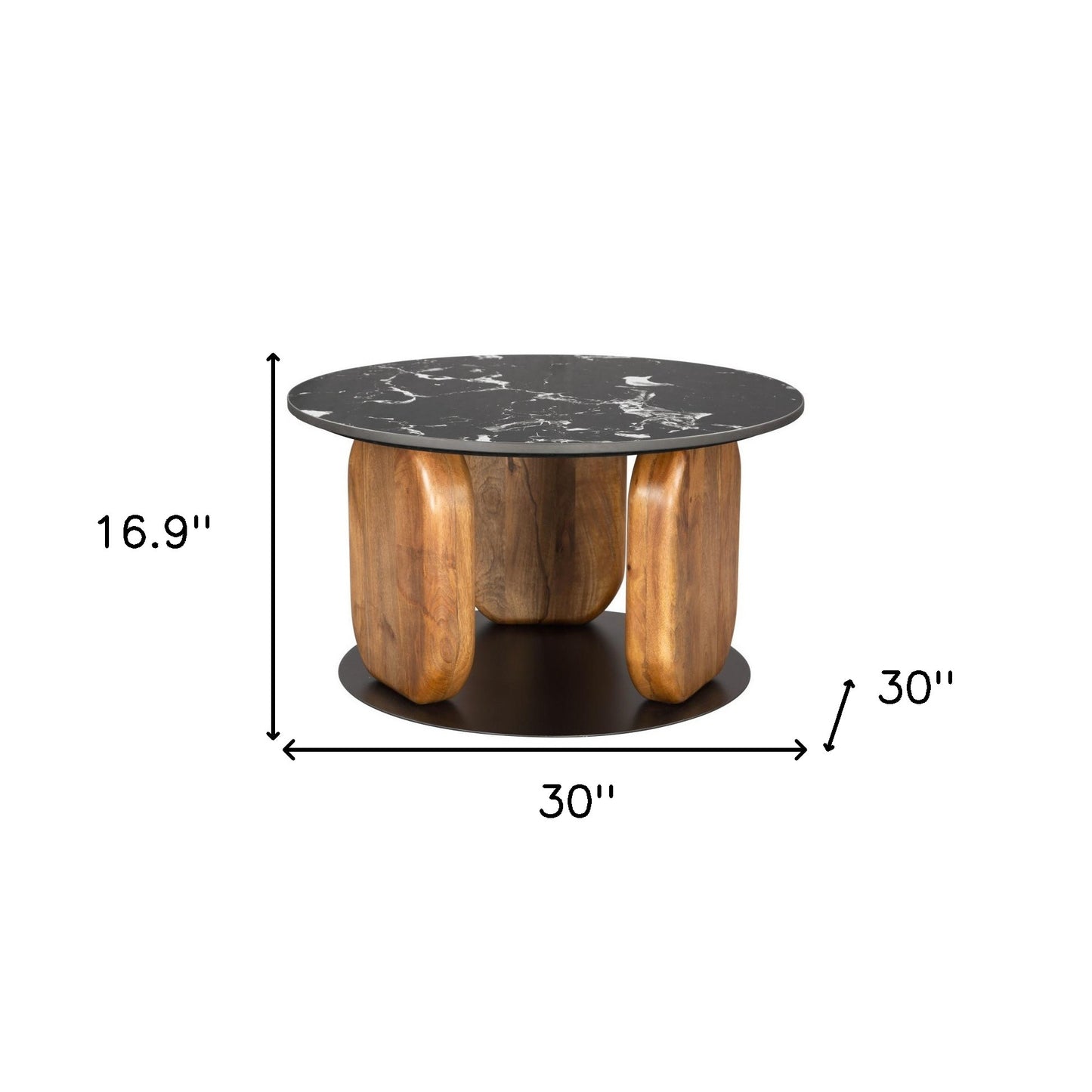 30" Black and Brown Genuine Marble Marble and Solid Wood Round Coffee Table-8