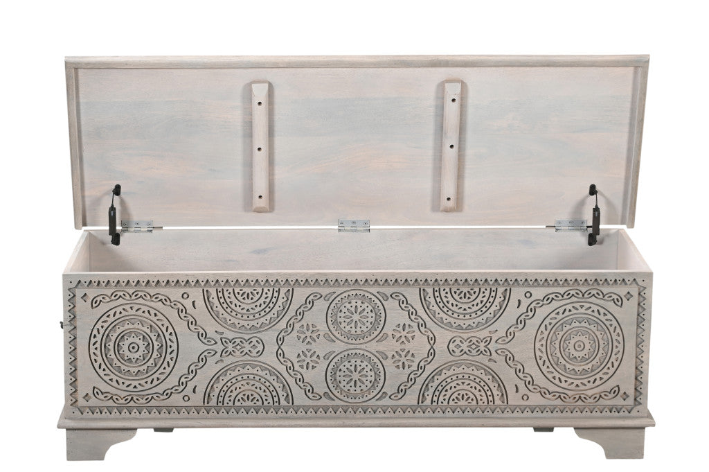 54" Gray Carved Geo Scroll Solid Wood Storage Ottoman-7