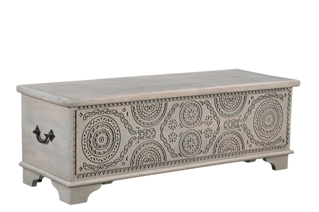 54" Gray Carved Geo Scroll Solid Wood Storage Ottoman-2