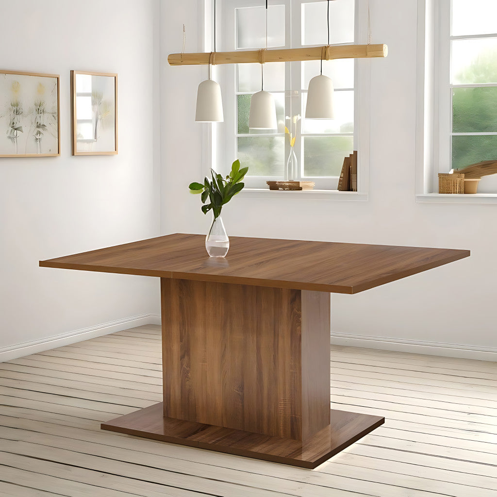 63" Brown Wood Self-Storing Leaf Pedestal Base Extendable Dining Table-4