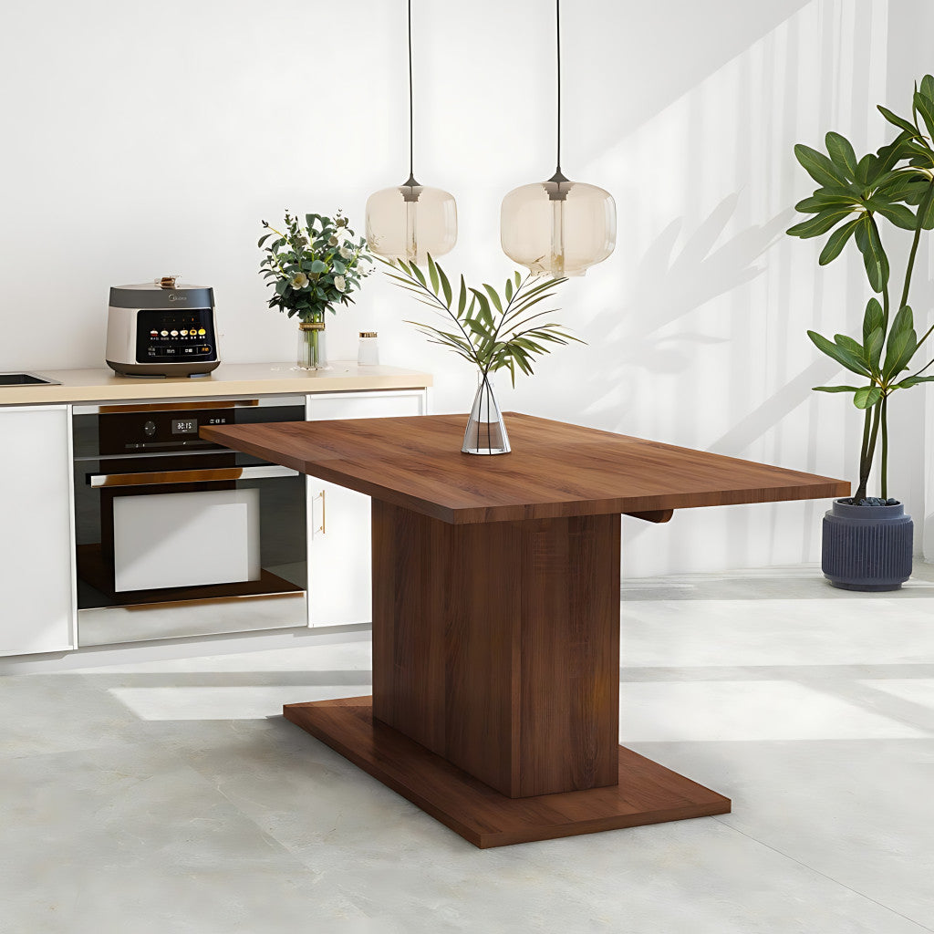 63" Brown Wood Self-Storing Leaf Pedestal Base Extendable Dining Table-5