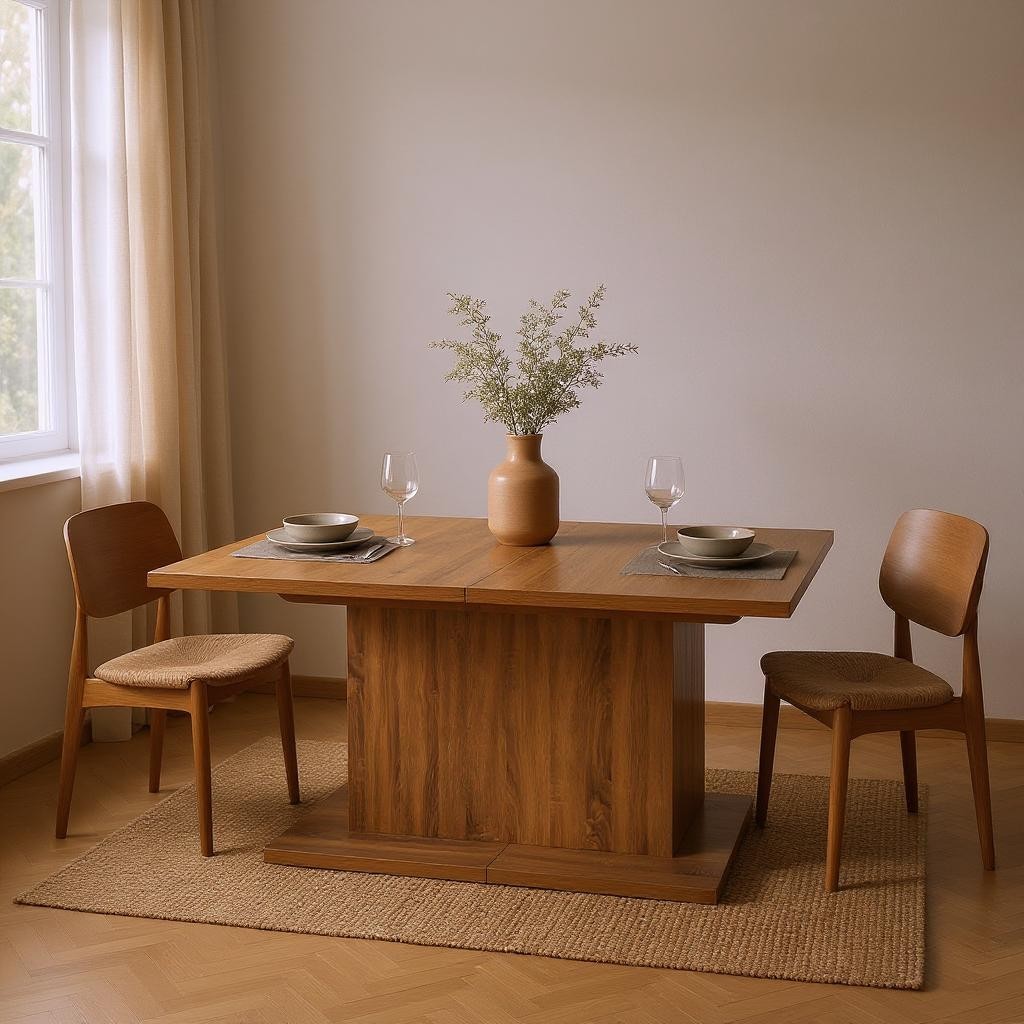 63" Brown Wood Self-Storing Leaf Pedestal Base Extendable Dining Table-0