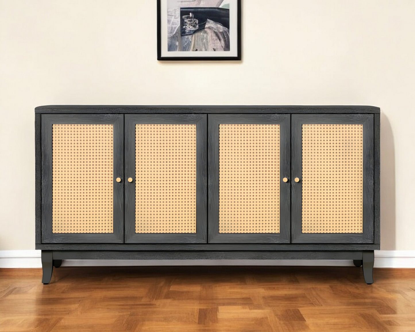 65" Charcoal and Natural Wood and Rattan Sideboard with Four Doors-0