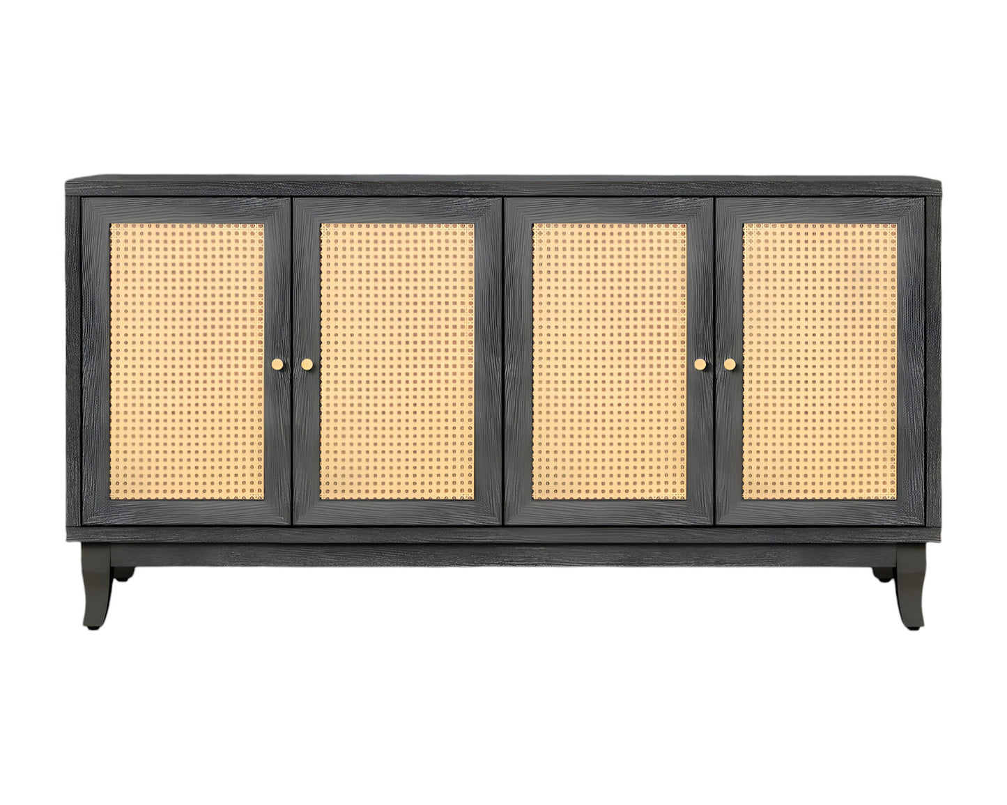 65" Charcoal and Natural Wood and Rattan Sideboard with Four Doors-1