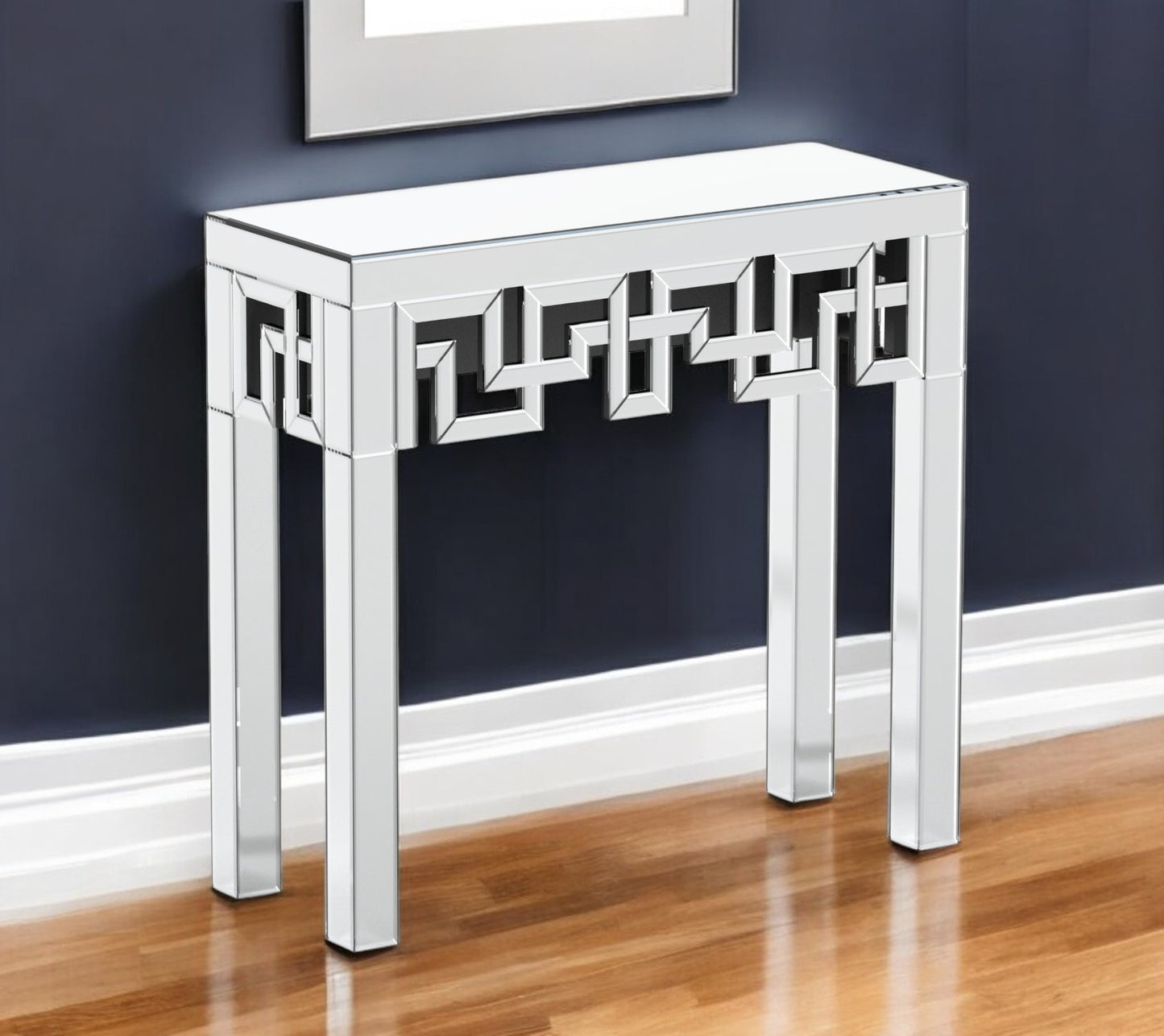 31" Silver Mirrored Glass Geo Pattern Console Table-0